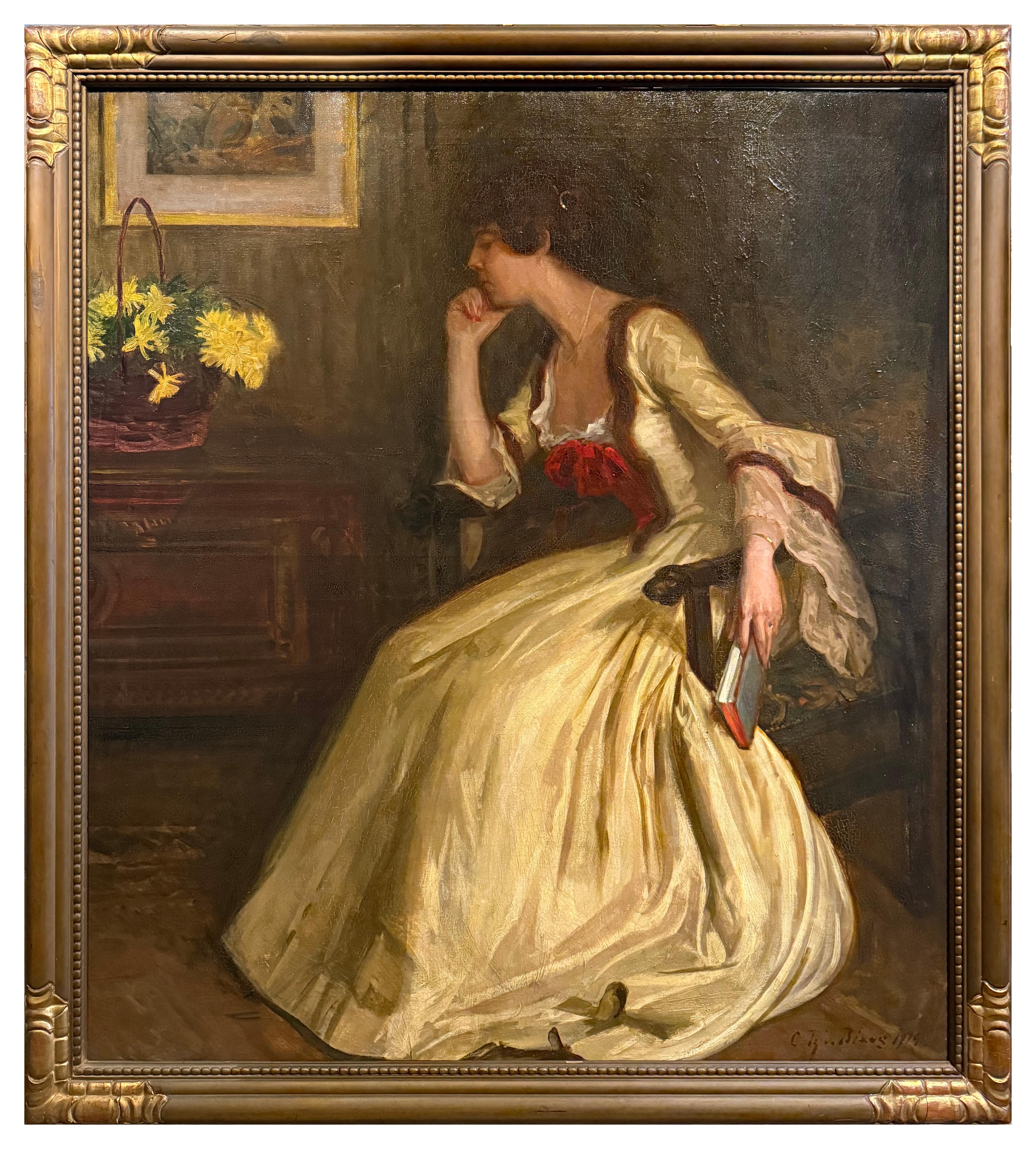 Carl Theodor Blaas Portrait Painting - Portrait of an elegant woman with a book