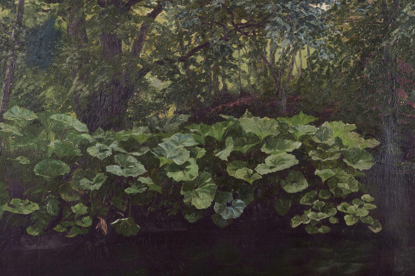 Carl Thiele, gelisteter dänischer Künstler. Öl auf Leinwand. Forest-Szene mit See mit Wald, 1882 (Dänisch) im Angebot