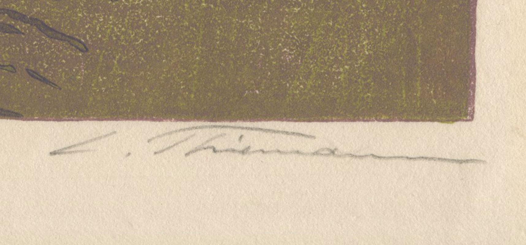 Rittersporn und Fingerhut 
(Larkspur and Foxglove) 
Color woodcut, printed on wove paper with mica flecks, 1916
Signed lower right (see photo)
Inscribed lower left (see photo)
Reference: Merx 276
Condition: good-very good
One spot of staining on the
