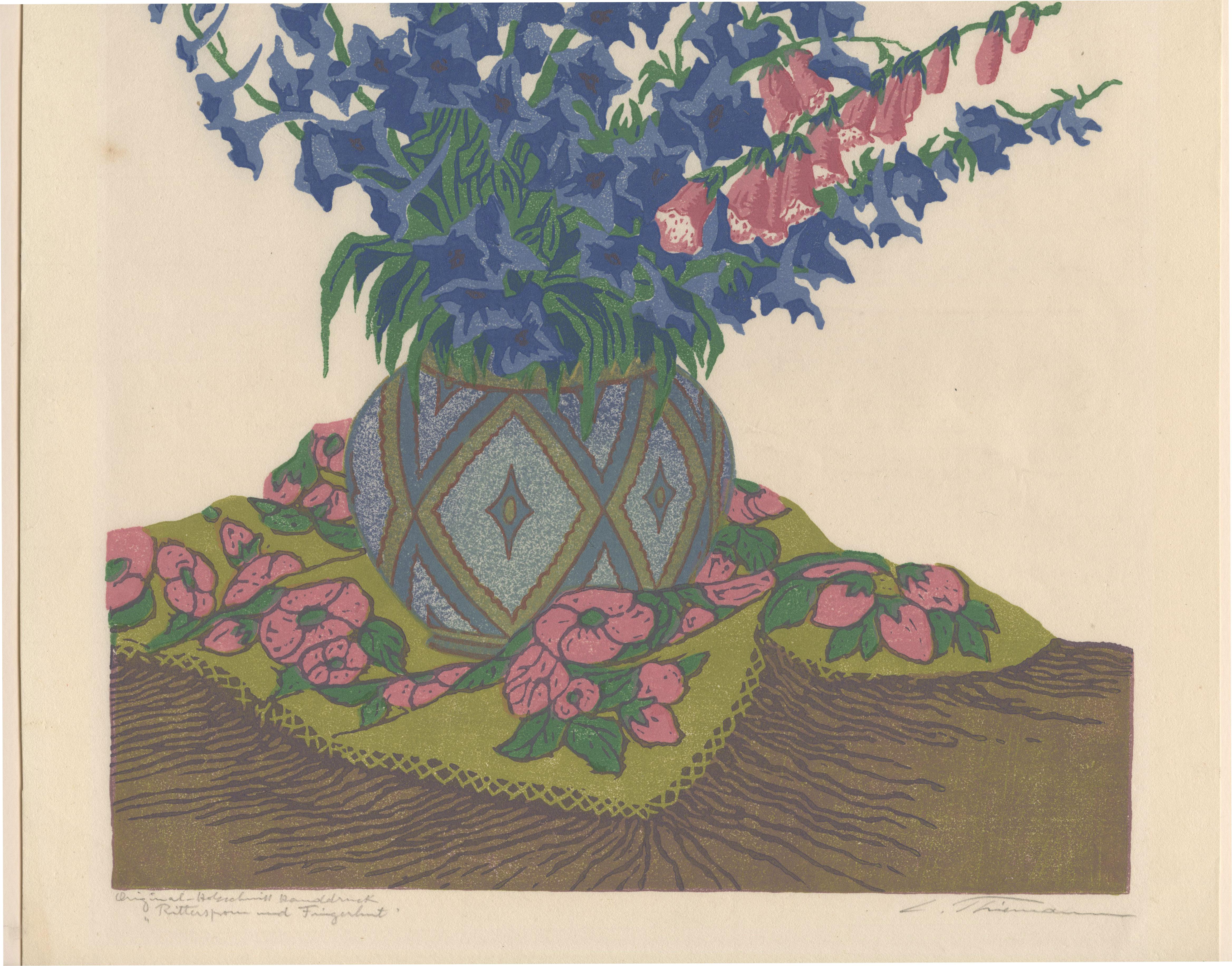 Rittersporn und Fingerhut  (Larkspur and Foxglove)  - Beige Still-Life Print by Carl Thiemann