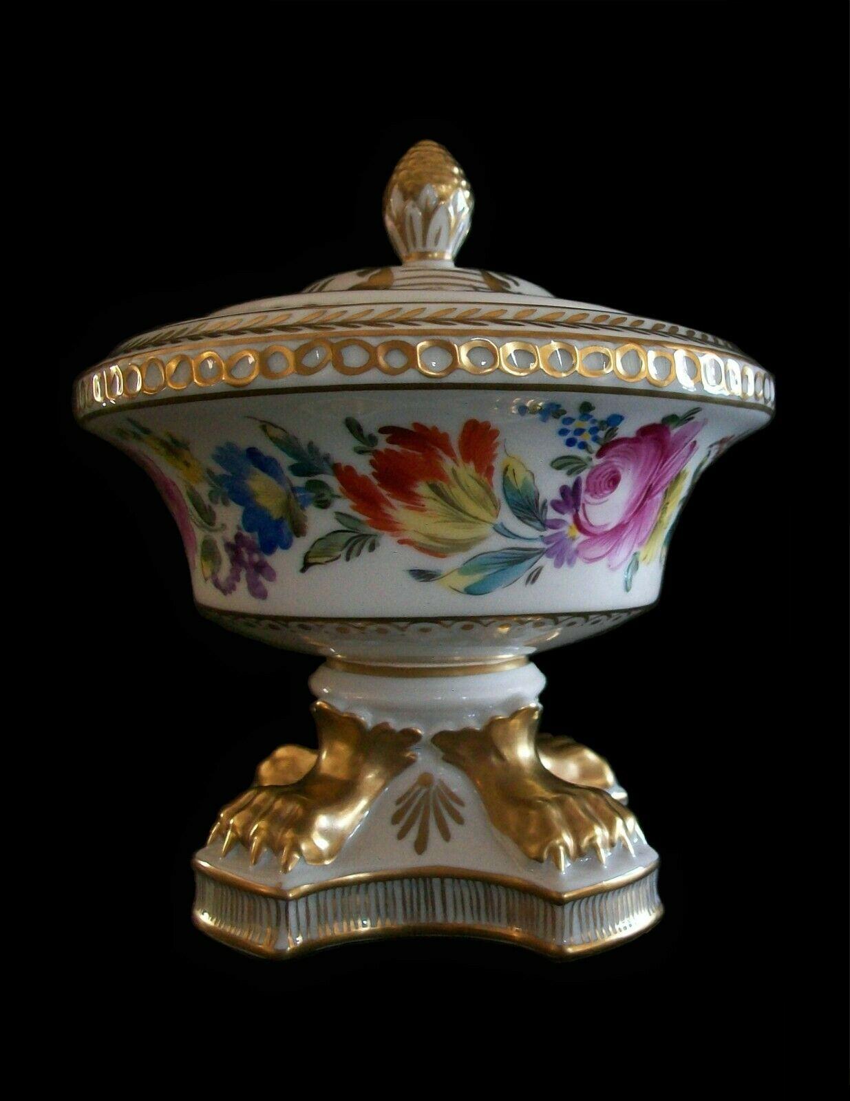 CARL THIEME (Factory / Manufacturer) - Potschappel (Village / Location) - Empire style Dresden floral decorated and gilded porcelain urn with cover - featuring a band of hand painted flowers (Deutsche Blumen) - extravagantly gilded lid, finial and