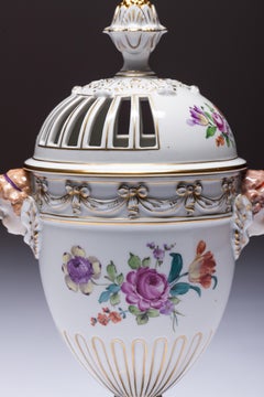 Carl Thieme Dresden Pot Pourri Vase Mithological Head Handles Urn Porcelain