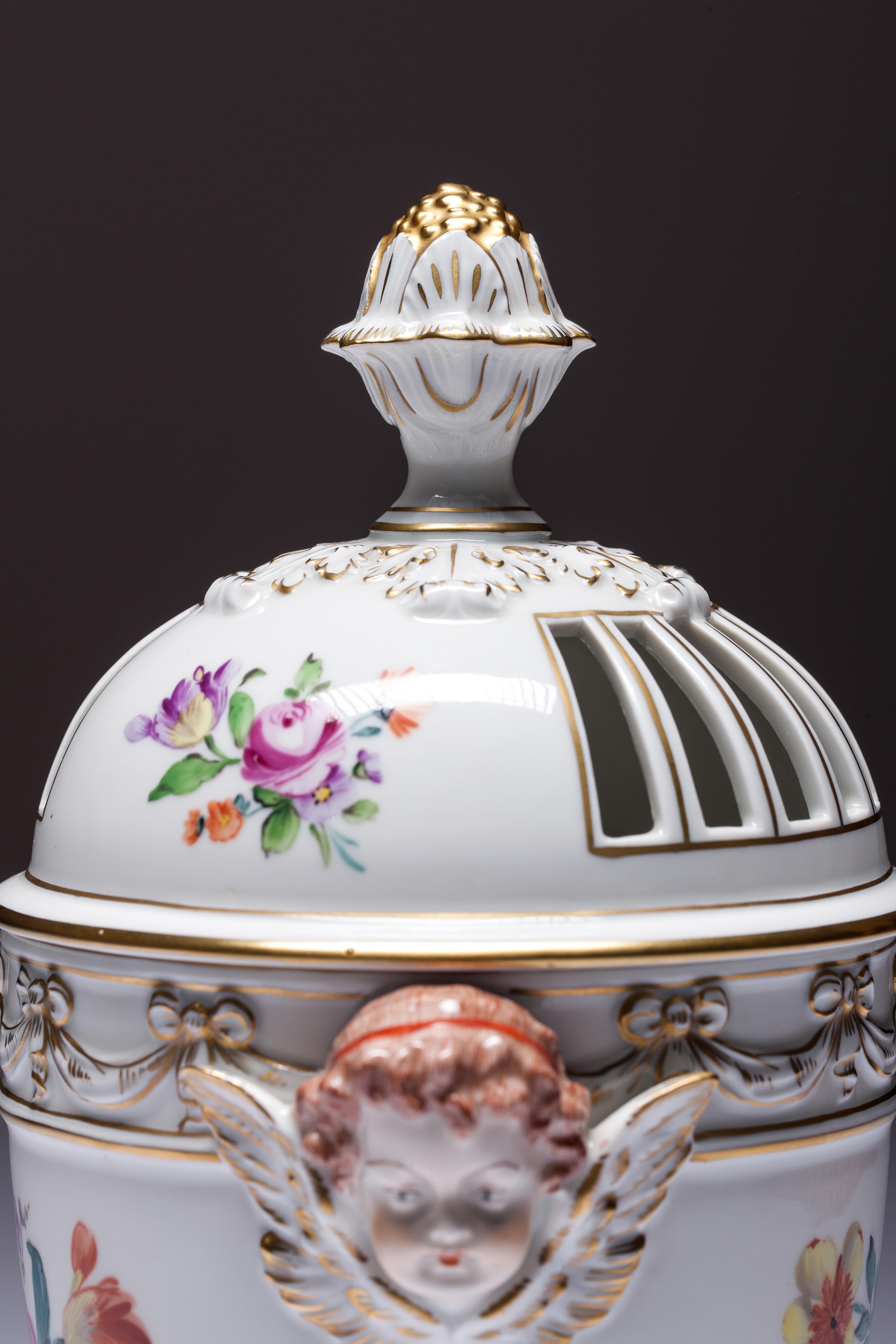 German Carl Thieme Dresden Pot Pourri Vase Mithological Head Handles Urn Porcelain For Sale