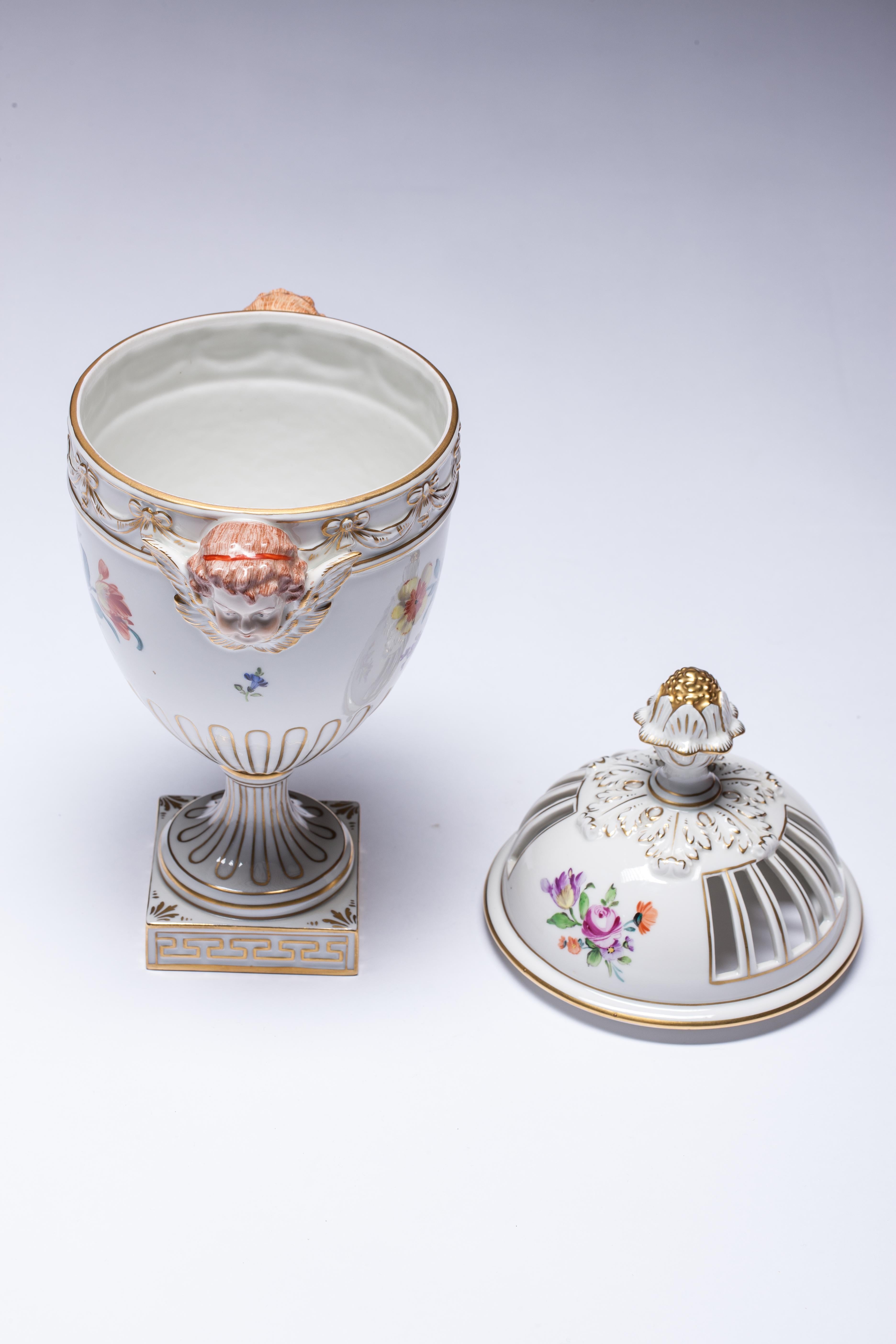 Hand-Painted Carl Thieme Dresden Pot Pourri Vase Mithological Head Handles Urn Porcelain For Sale