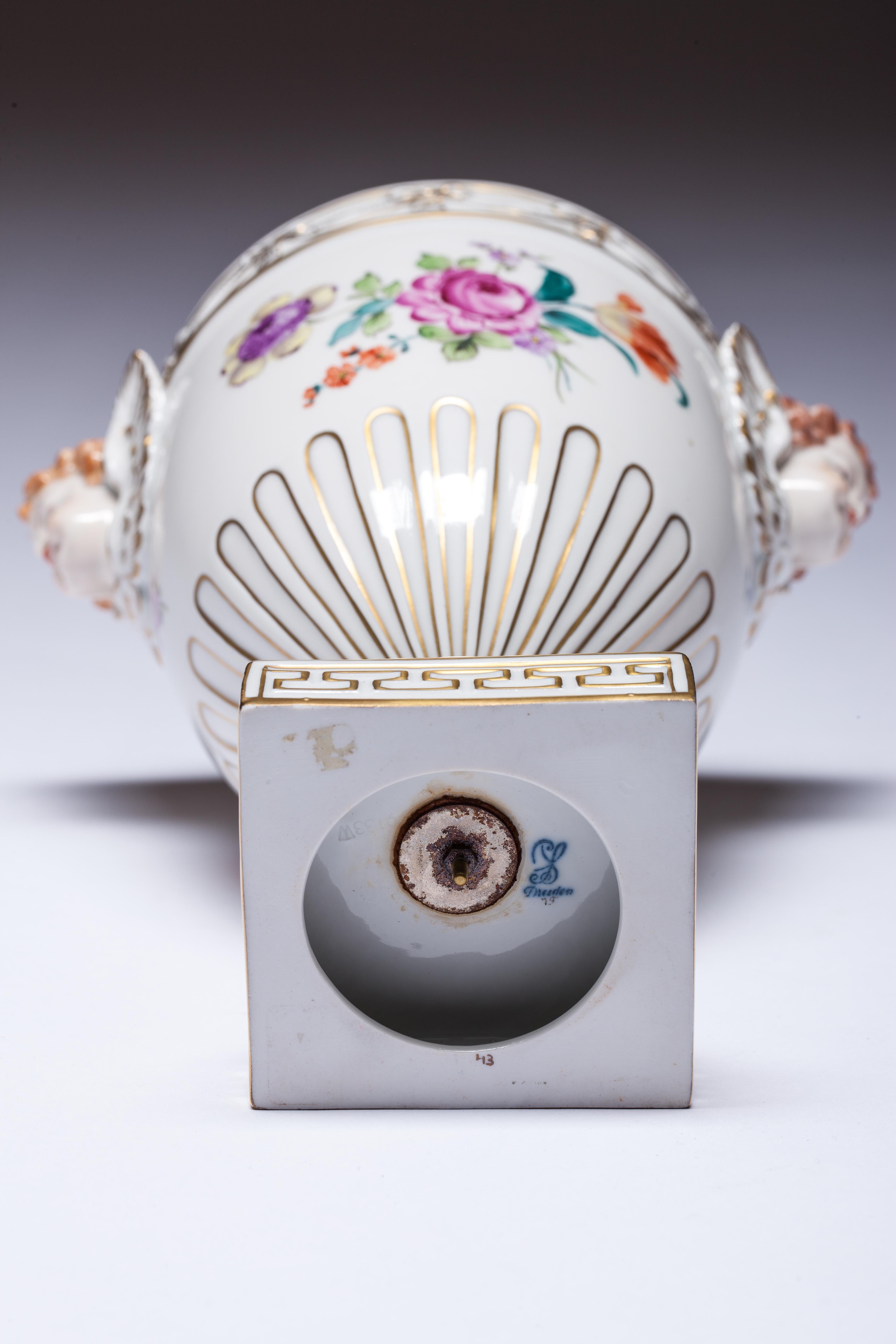 Carl Thieme Dresden Pot Pourri Vase Mithological Head Handles Urn Porcelain In Good Condition For Sale In Vilnius, LT