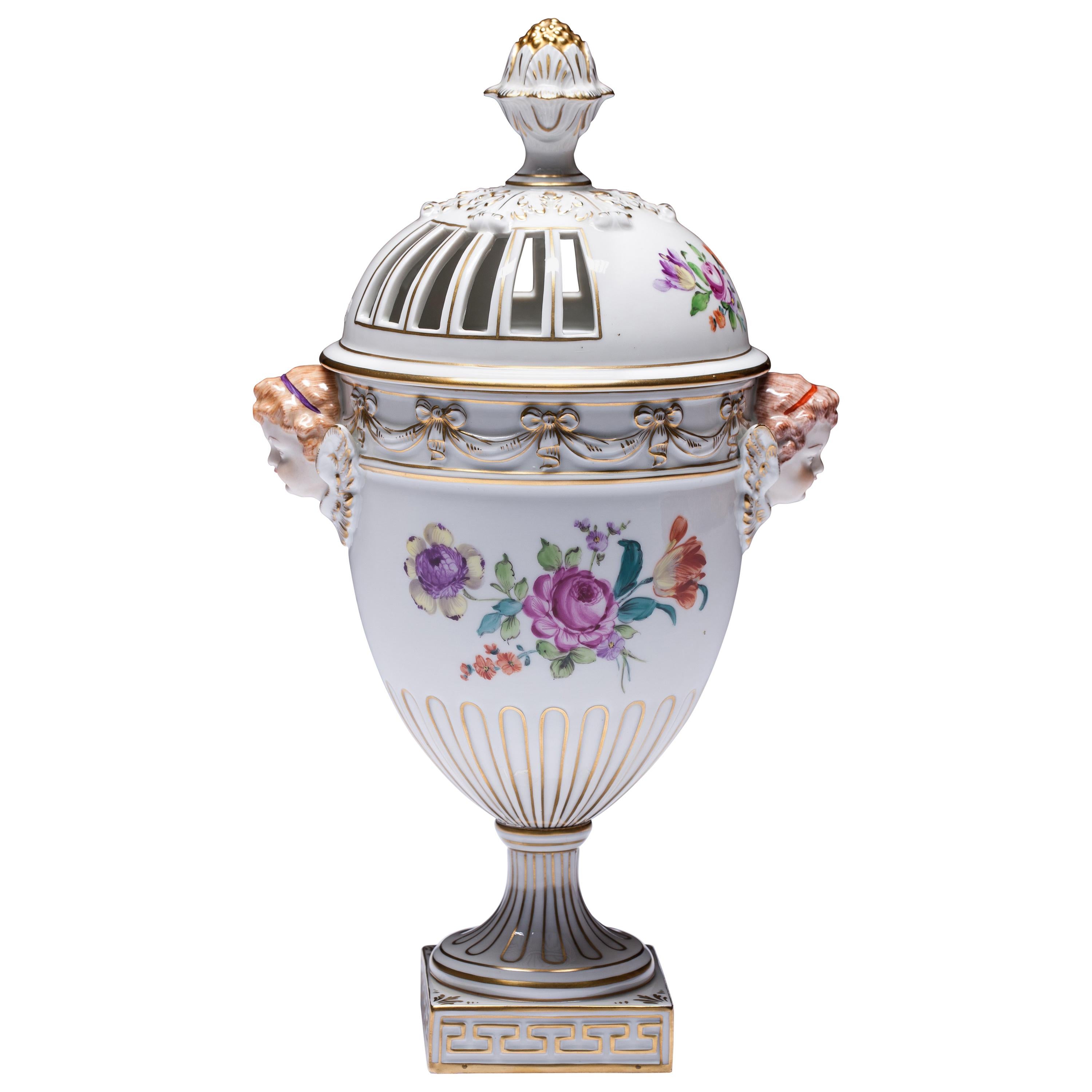 Carl Thieme Dresden Pot Pourri Vase Mithological Head Handles Urn Porcelain For Sale