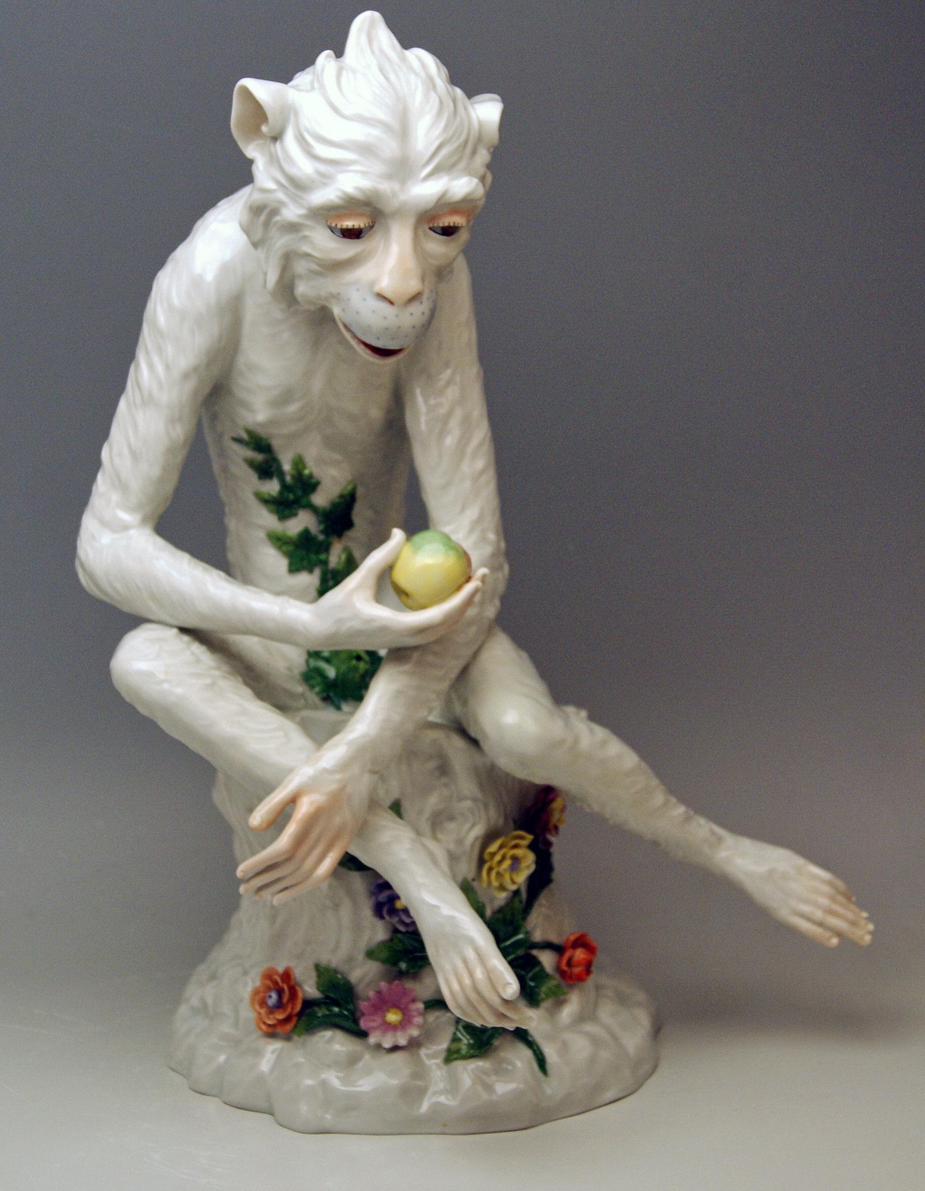 Quite rare porcelain animal figurine:   Tall Monkey with Apple

Manufactory: 
Porcelain Manufactory Carl Thieme / Potschappel, Freital near Dresden  (Potschappel is one of the 15 quarters of Saxon district town Freital of county Saxon