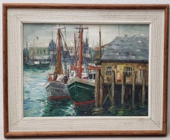 Carl Thorp "New England Harbor" Peinture à l'huile originale:: vers 1966