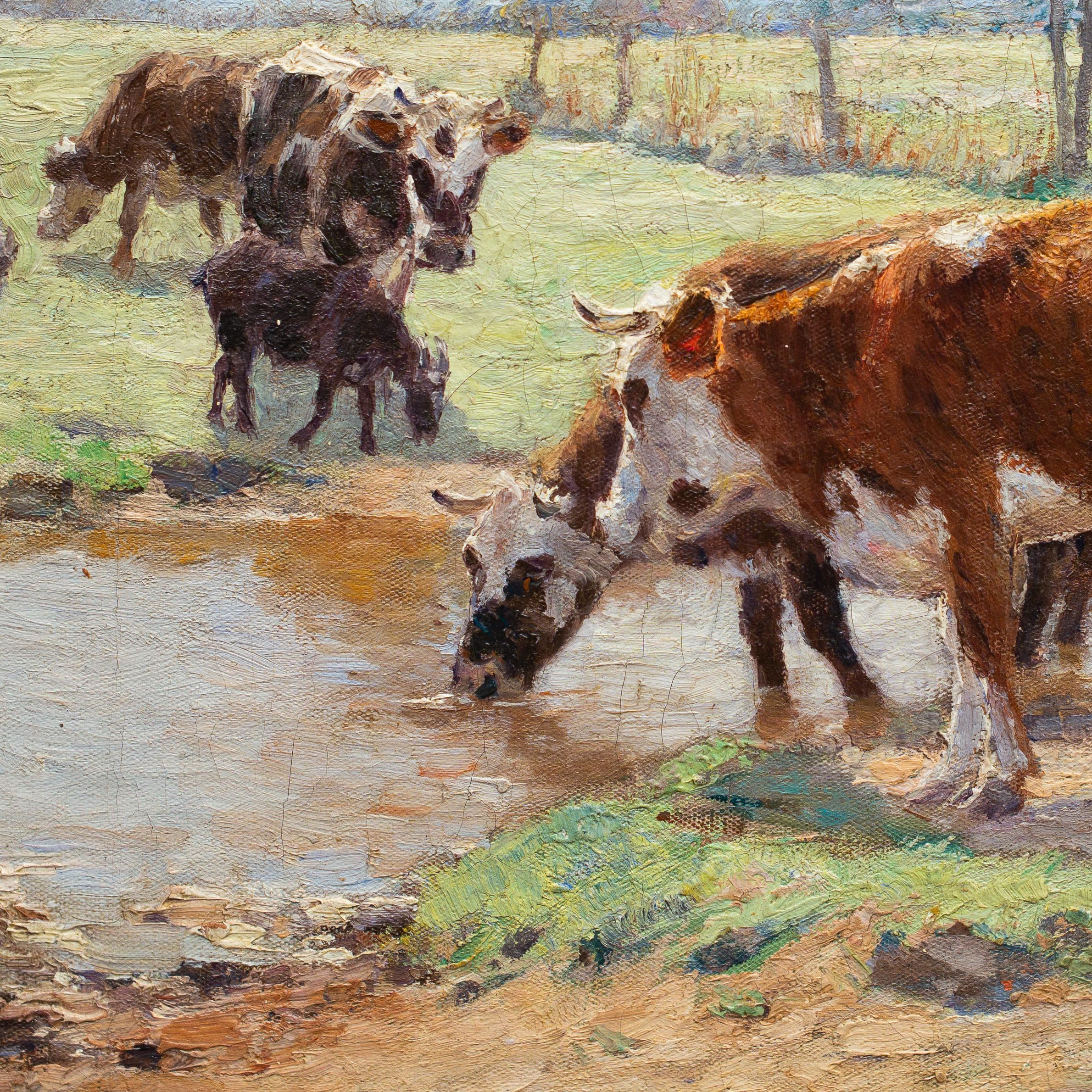 This impressionist painting from 1891 is by Swedish artist Carl Trägårdh. It depicts a landscape with a farmer boy and cows, painted with a lot of spontaneity and think layer of paint. The colours are bright and clear. 
Trägårdh studied at the Royal