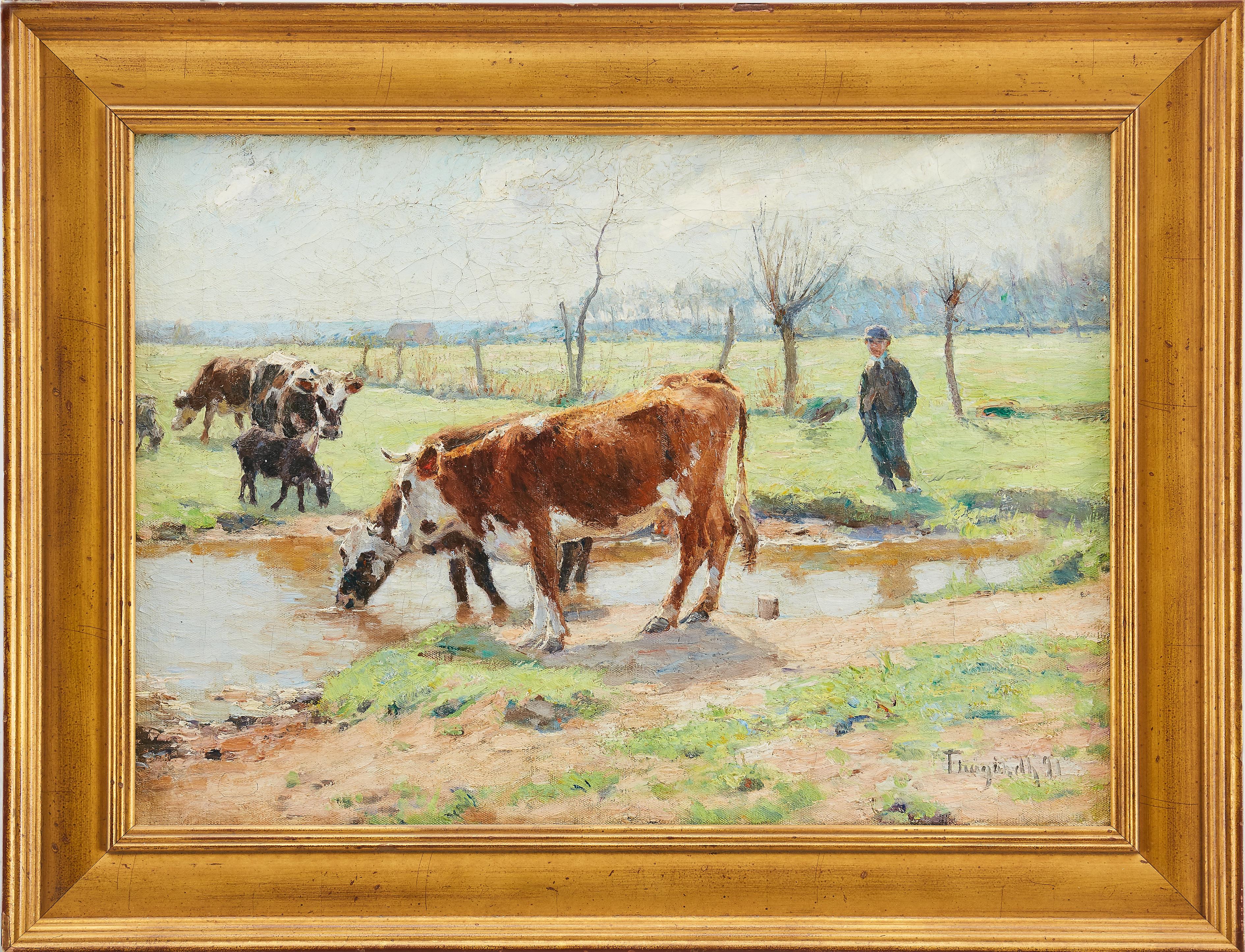 Bauernmädchen mit Kühen in einer Landschaft, schwedischer Künstler Carl Trgrdh, Impressionist