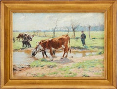 Farmer Boy With Cows in a Landscape, Swedish Artist Carl Trägårdh, Impressionist