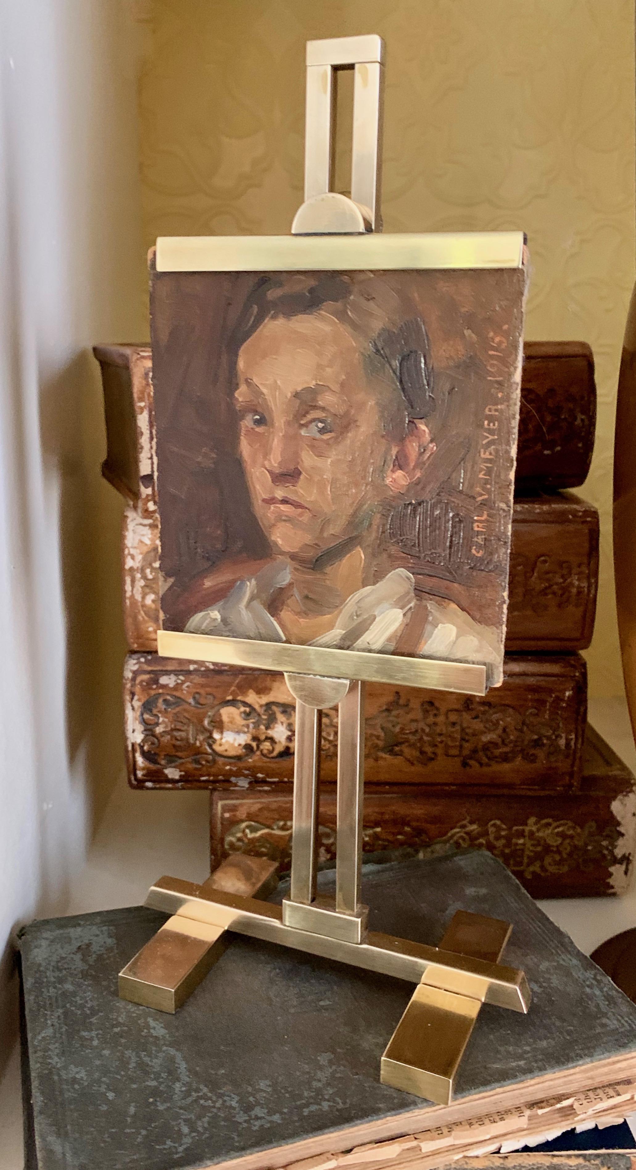 A painting of a boy by Carl Vilhelm Meyer on Board and displayed in a miniature brass desk easel a wonderful addition to any shelf or desk and a great conversation piece. Meyer is an important and listed artist.

Painting is 4.25
