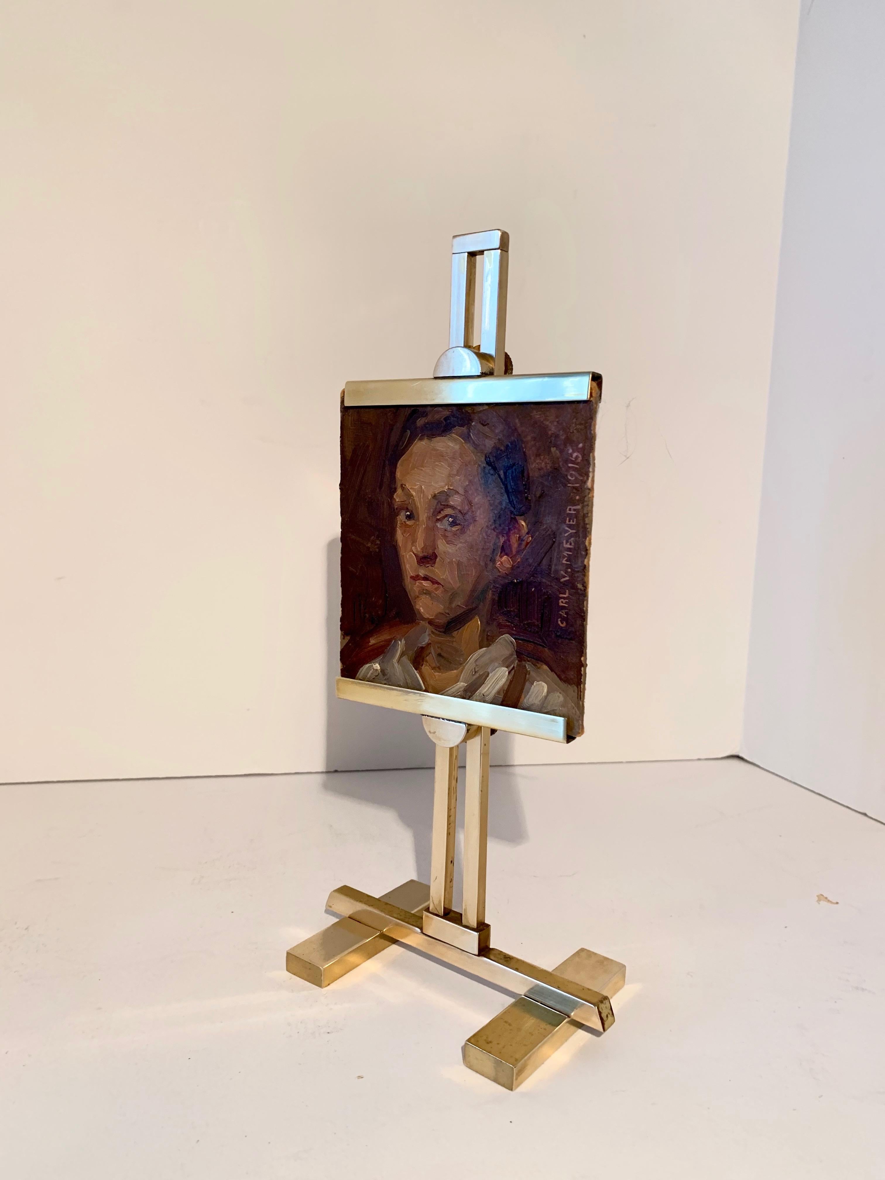 Carl V. Meyer Original Painting on Miniature Brass Desk Easel In Good Condition In Los Angeles, CA