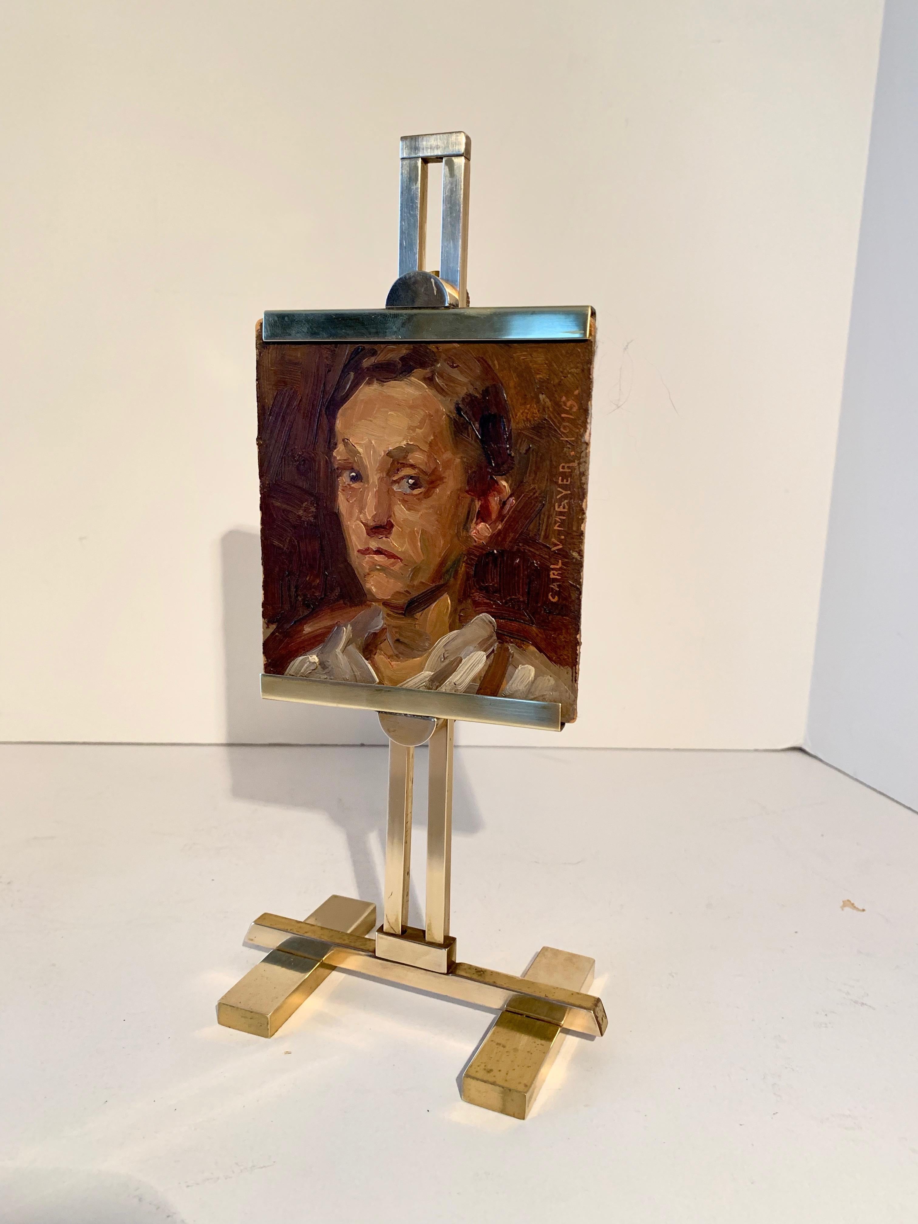 20th Century Carl V. Meyer Original Painting on Miniature Brass Desk Easel