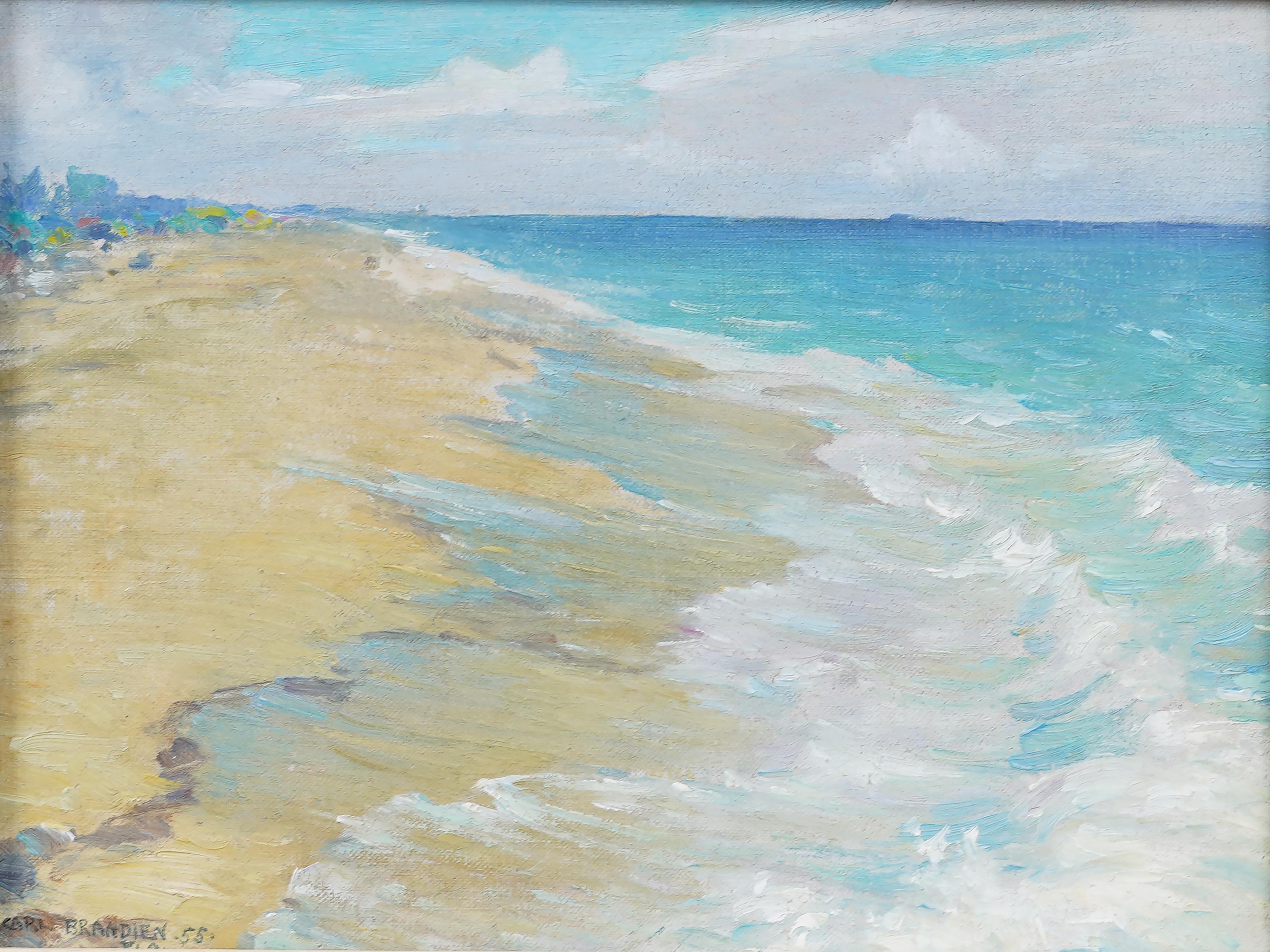 Impressive early American impressionist beach scene oil painting by Carl W. Brandien (1886 - 1965).  Framed.  Oil on board.  Signed.  Image size, 9H by 12L.