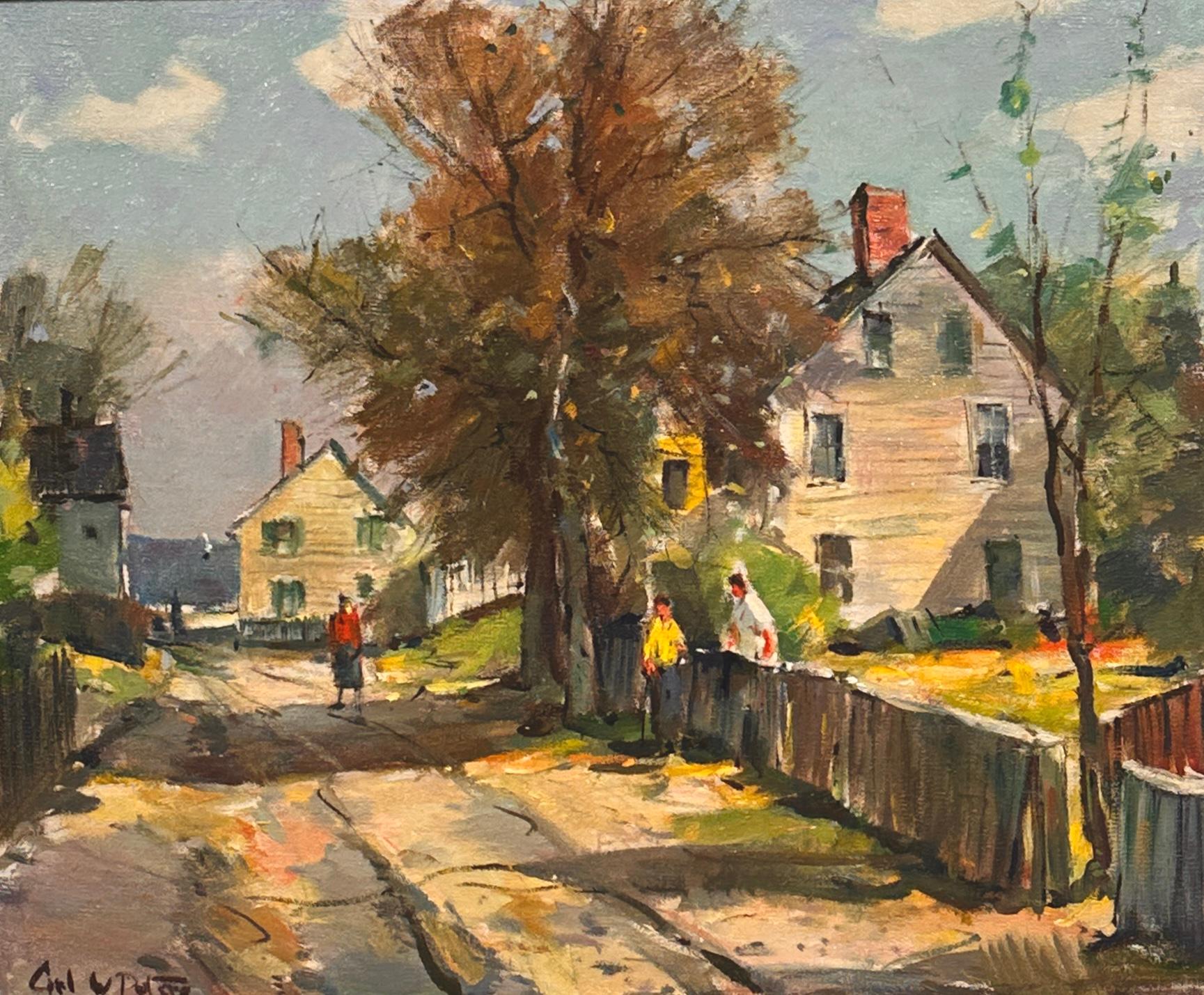 Signed Lower Left
Painting Size: 30" × 24"

This charming street scene by Carl W. Peters depicts a quiet moment of everyday life in Rockport, Massachusetts—an iconic New England coastal village long celebrated by American artists. Rockport Street