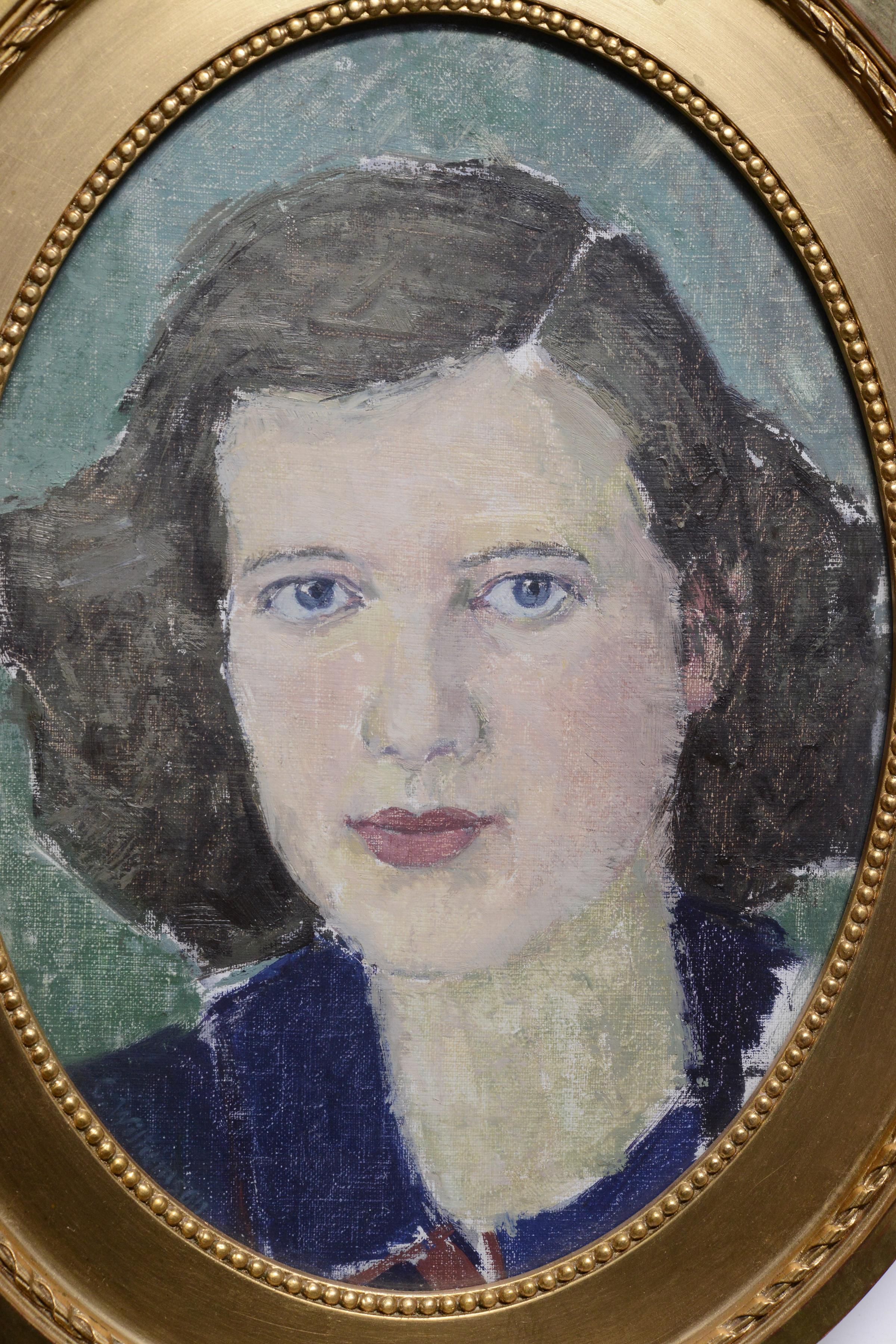 Blau-gelbes Porträt einer jungen Frau, gerahmt, oval, von schwedischem Meister, frühes 20. Jahrhundert – Painting von Unknown