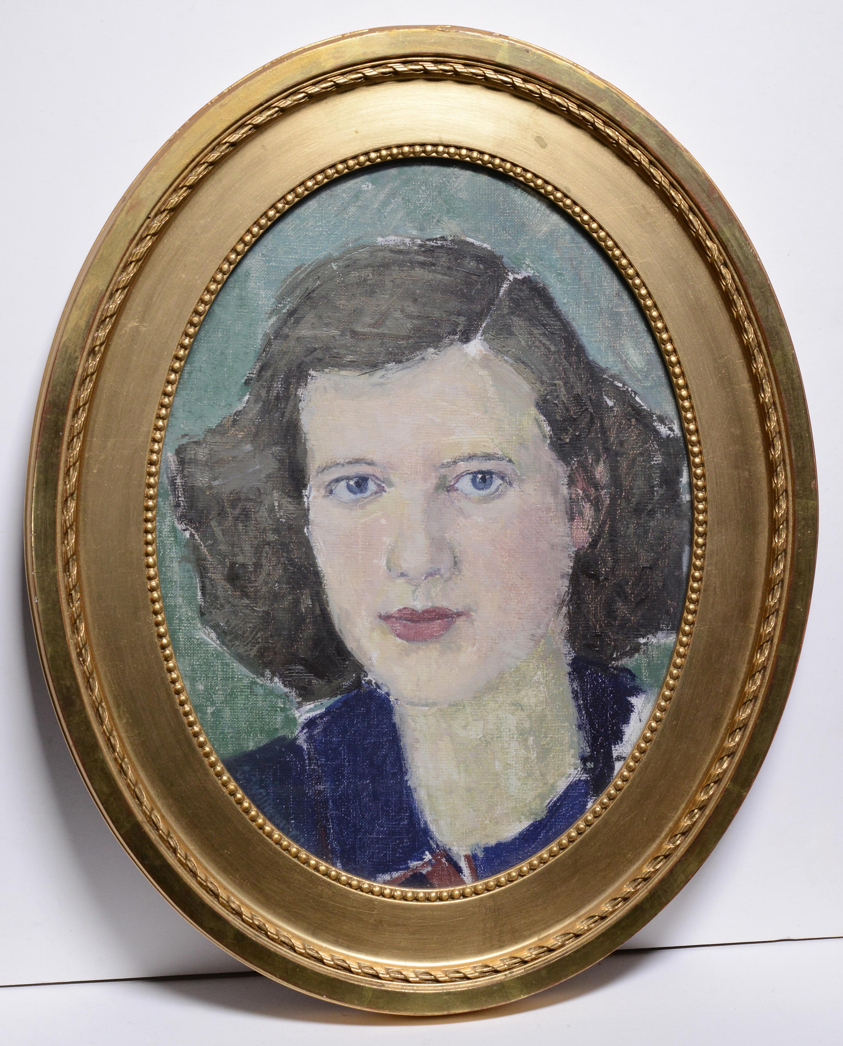 Unknown Portrait Painting – Blau-gelbes Porträt einer jungen Frau, gerahmt, oval, von schwedischem Meister, frühes 20. Jahrhundert