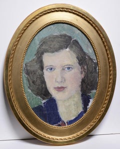 Blau-gelbes Porträt einer jungen Frau, gerahmt, oval, von Carl Wilhelmson, frühes 20. Jahrhundert