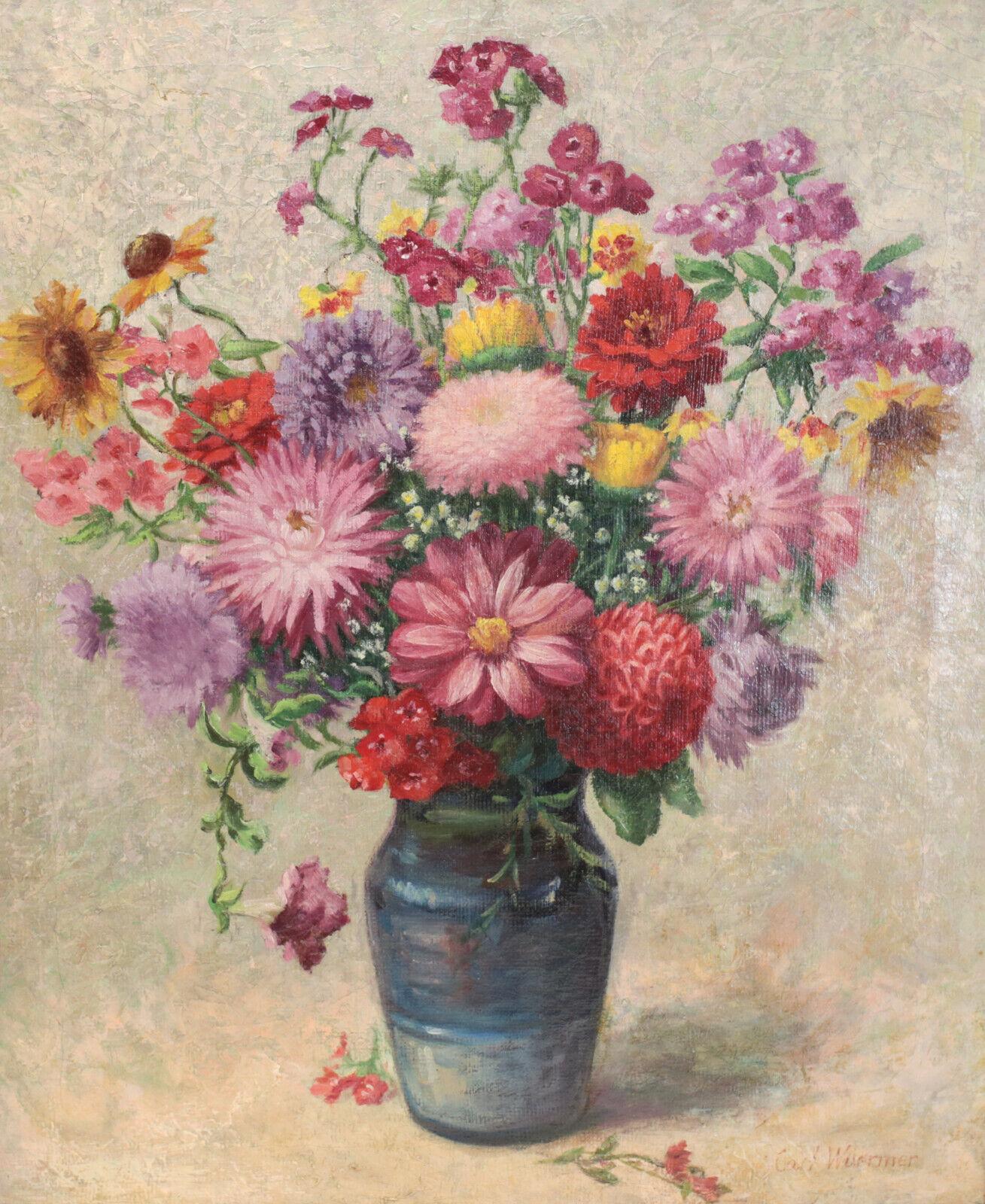 Carl Wuermer Oil on Canvas Painting Bouquet of Flowers, Signed In Good Condition For Sale In Gardena, CA