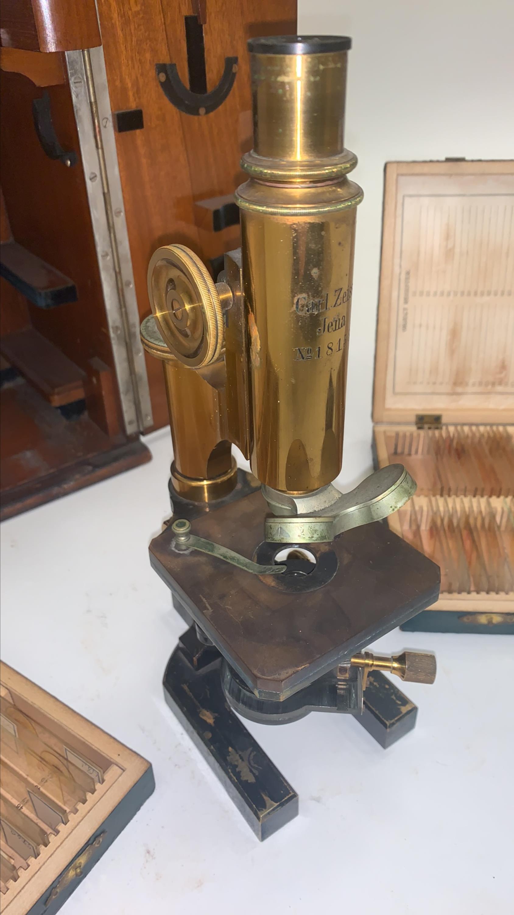 German Carl Zeiss Stand IV Brass Continental Microscope W/ Case and Slides, circa 1891 For Sale