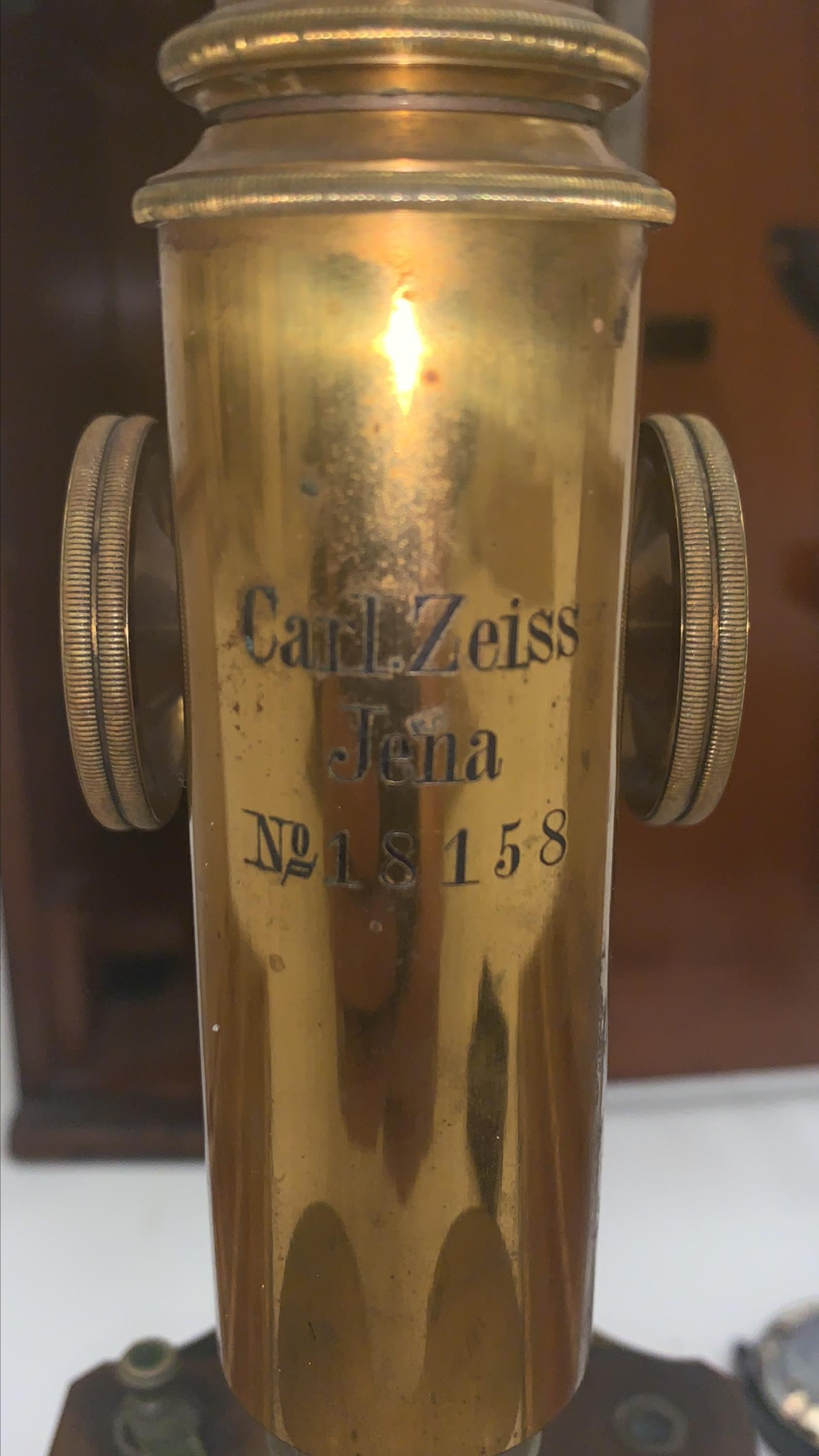 Brushed Carl Zeiss Stand IV Brass Continental Microscope W/ Case and Slides, circa 1891 For Sale