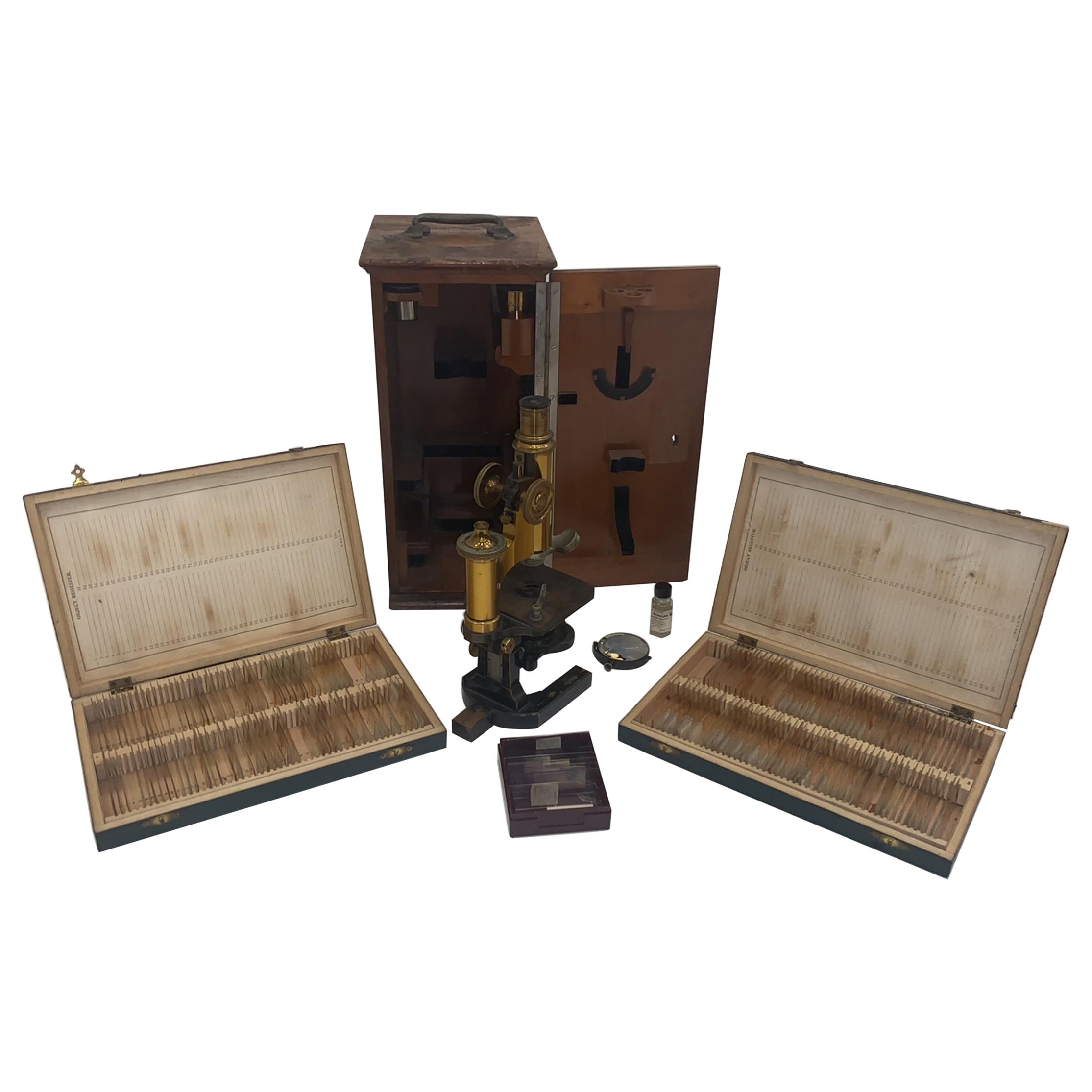 Support Carl Zeiss IV Microscope continental en laiton avec boîtier et glissières, vers 1891