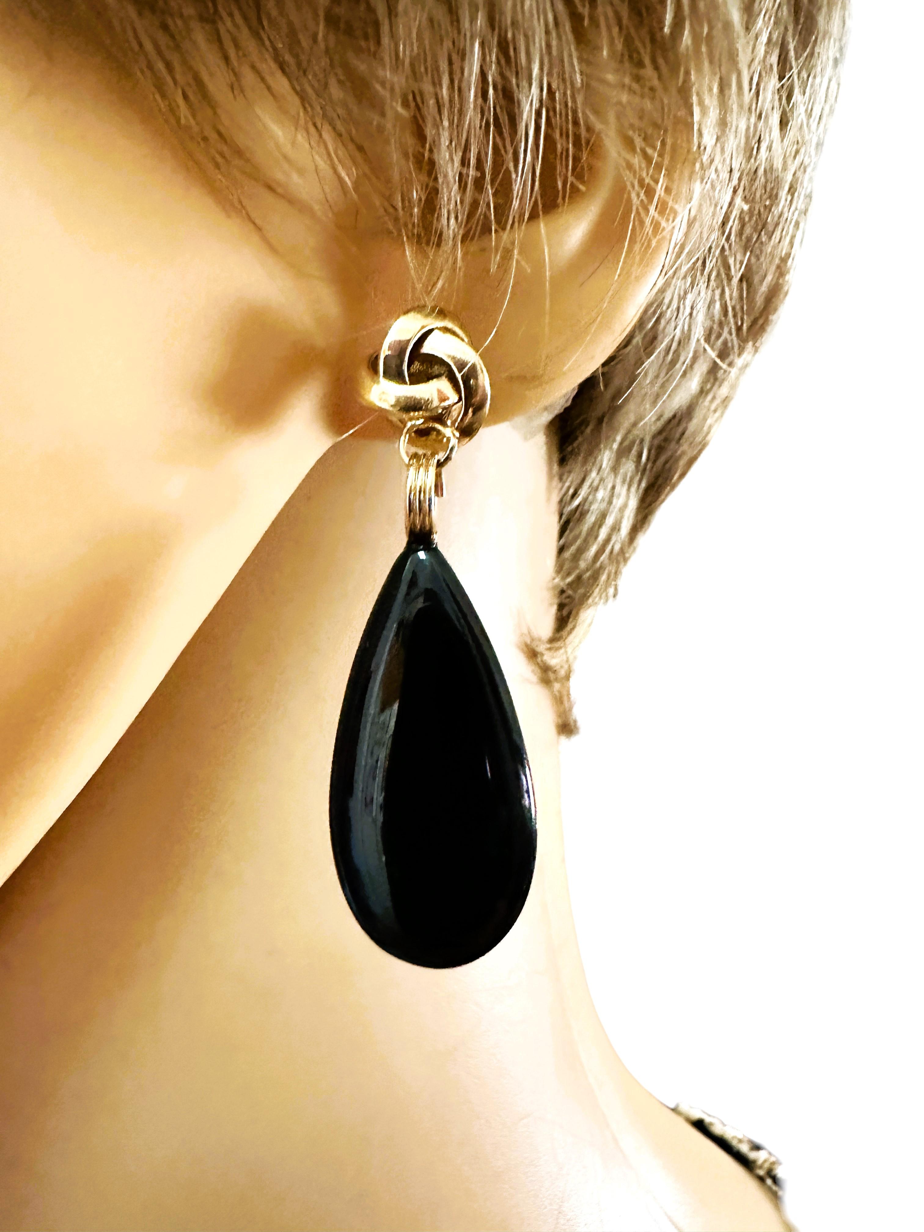 Art Nouveau Carla 14k Yellow Gold Black Onyx Teardrop Earrings Signed For Sale