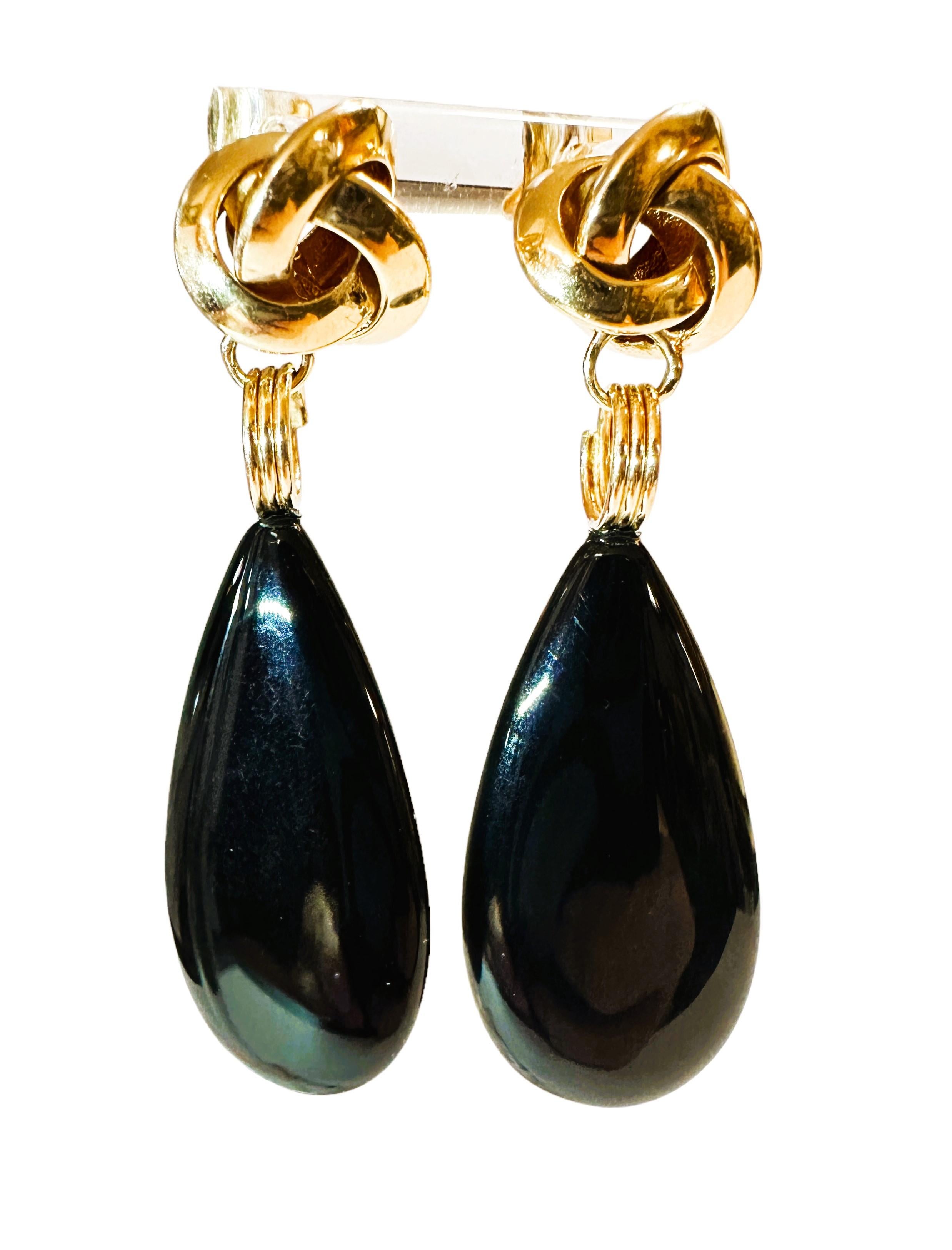 Pear Cut Carla 14k Yellow Gold Black Onyx Teardrop Earrings Signed For Sale