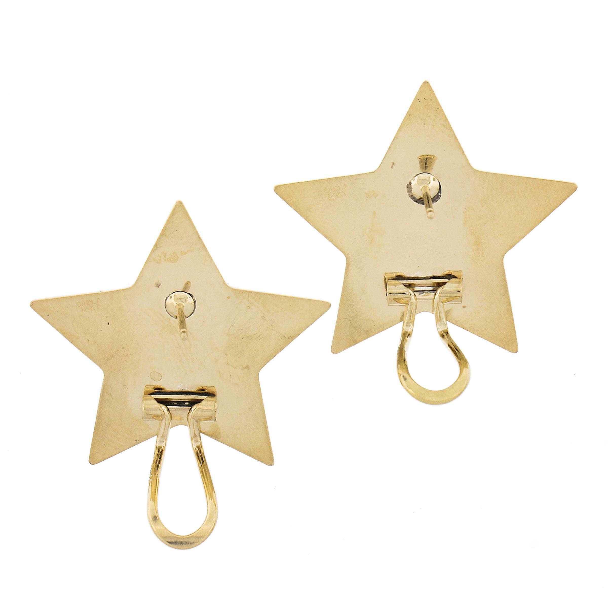 Carla 14k Yellow Gold Large Puffed & High Polished Star Button Omega Earrings For Sale 1