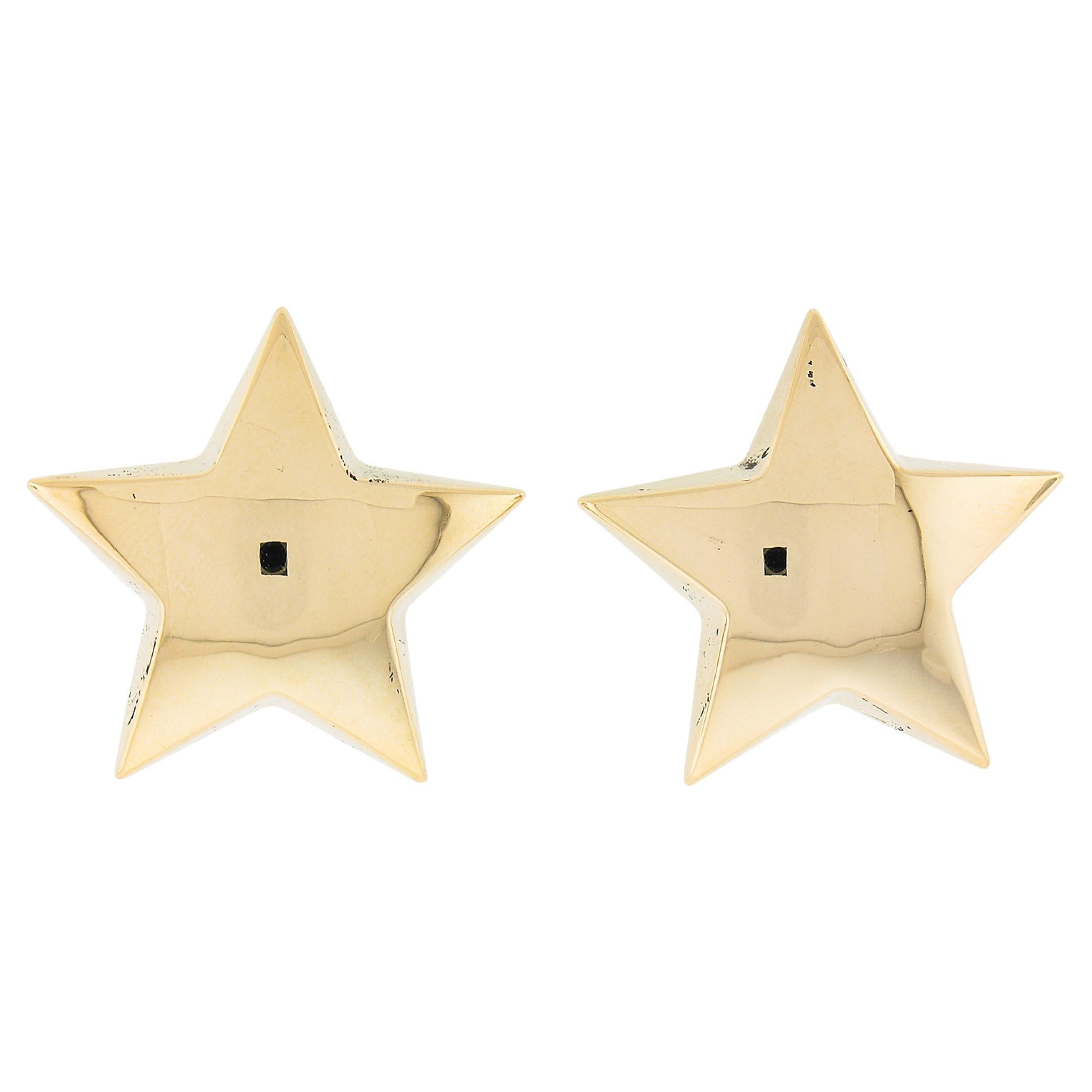 Carla 14k Yellow Gold Large Puffed & High Polished Star Button Omega Earrings For Sale