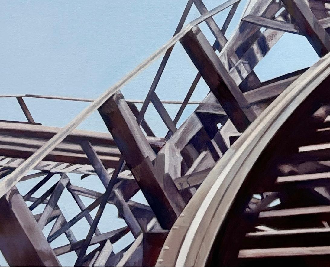 For the last 15 years, Falb’s primary subject matter has been light and motion from rollercoasters and fireworks.  Using what would have been throw-away out-of-focus images taken while riding coasters, Falb creates meticulous oil paintings of the