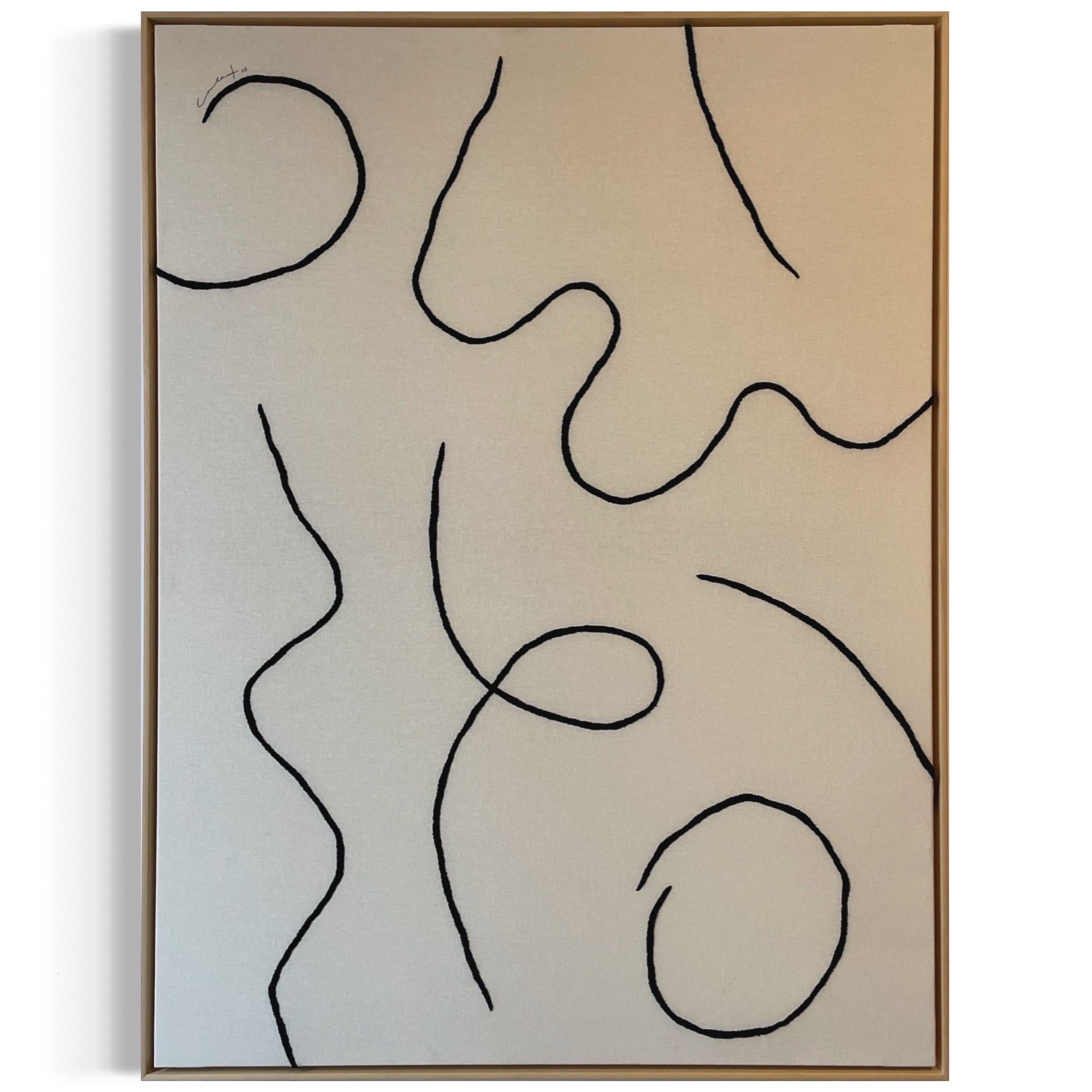 Carla Freschi Abstract Painting - Handmade. Textil Art. Black lines. Linen, Cosmos XXV.