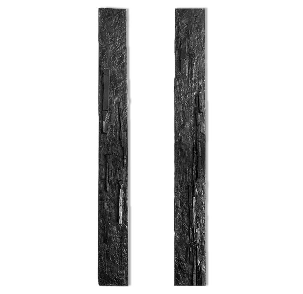 Bark and Reliefs, 2018 By Carla Gimbatti
From the Series Reliefs
Aquaresin and Pigment 
 
Overall Size: 79 H x 33 W in.
Individual Size:
(Bark) 79 H x 16.5 W in. 
(Reliefs) 79 H x 8.3 W in. each

_____
After graduating from university in Argentina,