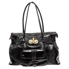 Carla Mancini black crinkle patent leather tote bag with black nylon lining