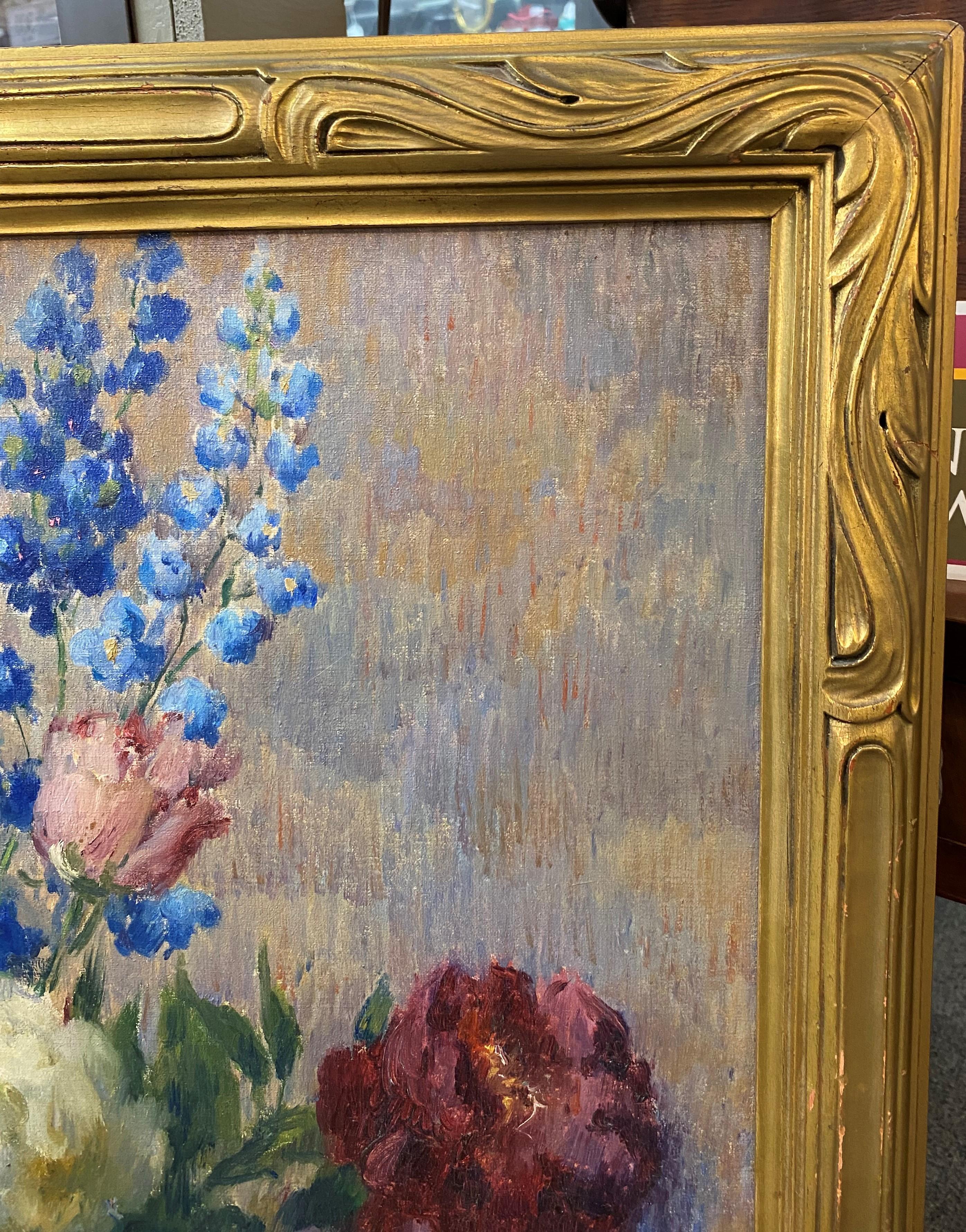 Peonies & Delphinium - Realist Painting by Carle J Blenner