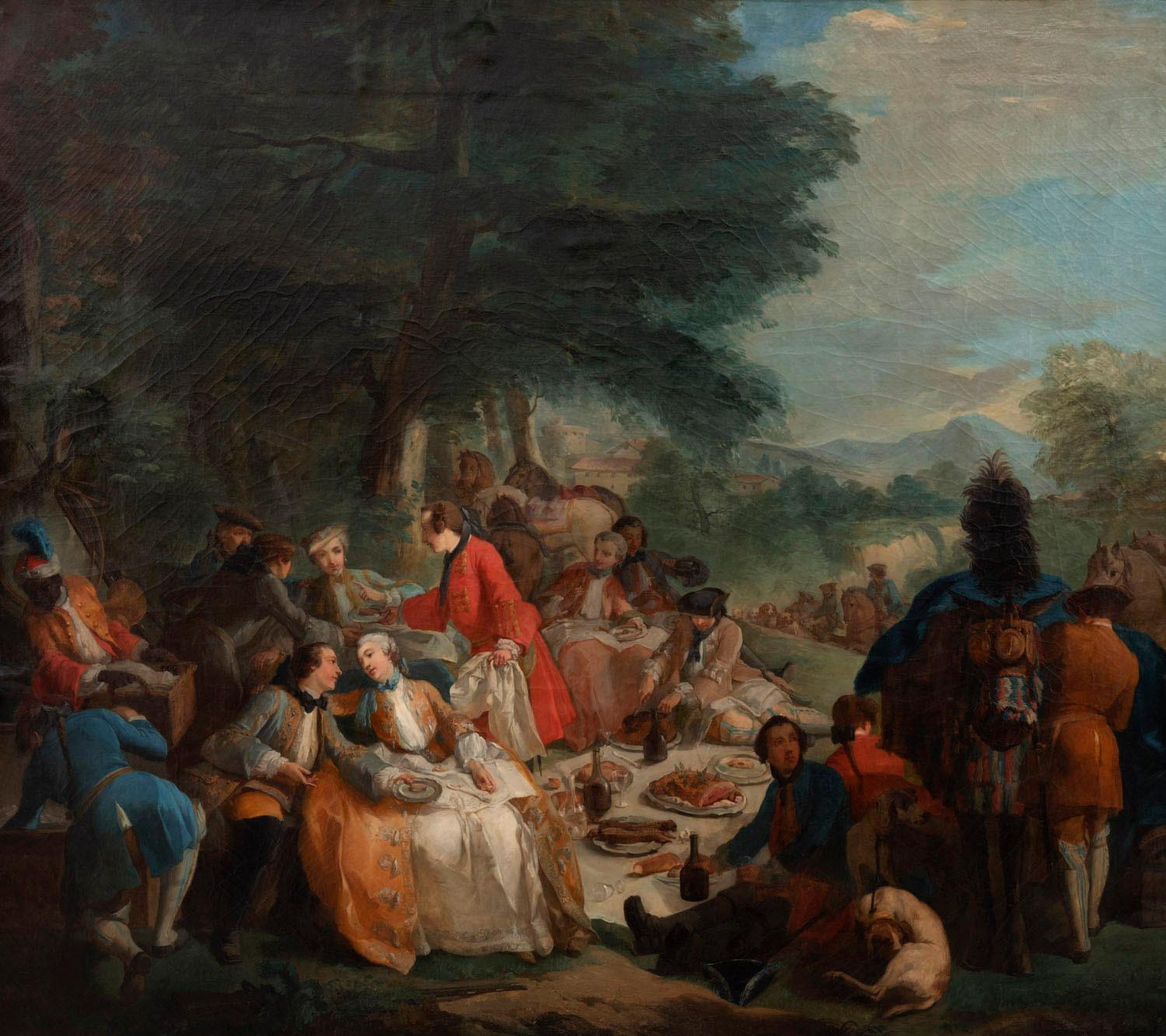 After Carle Van Loo, La halte de chasse (1737) (in english « The hunting halt »).

Large oil on canvas with a black lacquered frame with gilt molded highlights representing a lunch in the forest during a hunting halt. 
The forest is painted in
