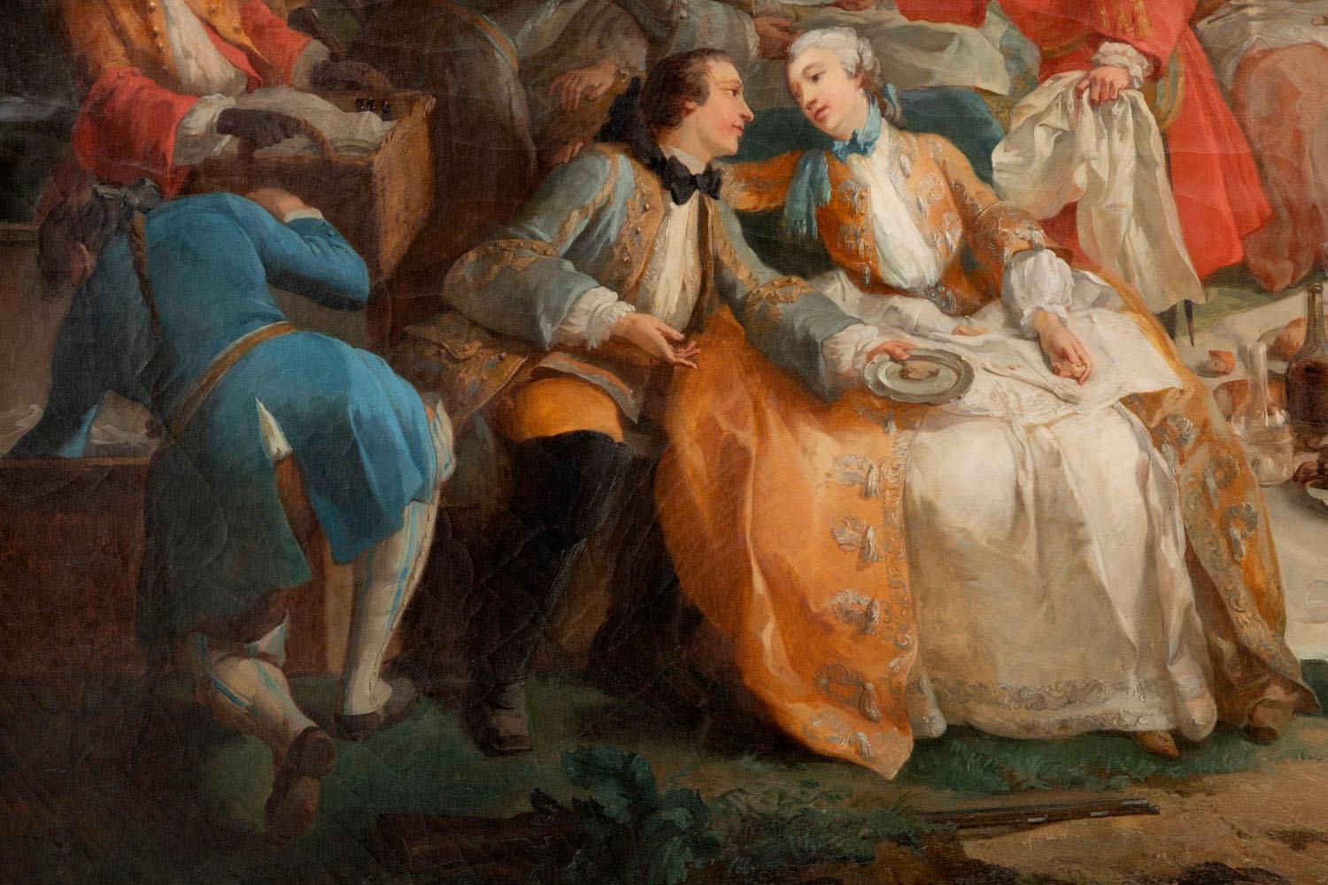 Louis XV Carle Van Loo, La Halte De Chasse, huile sur toile, école française du XIXe siècle en vente