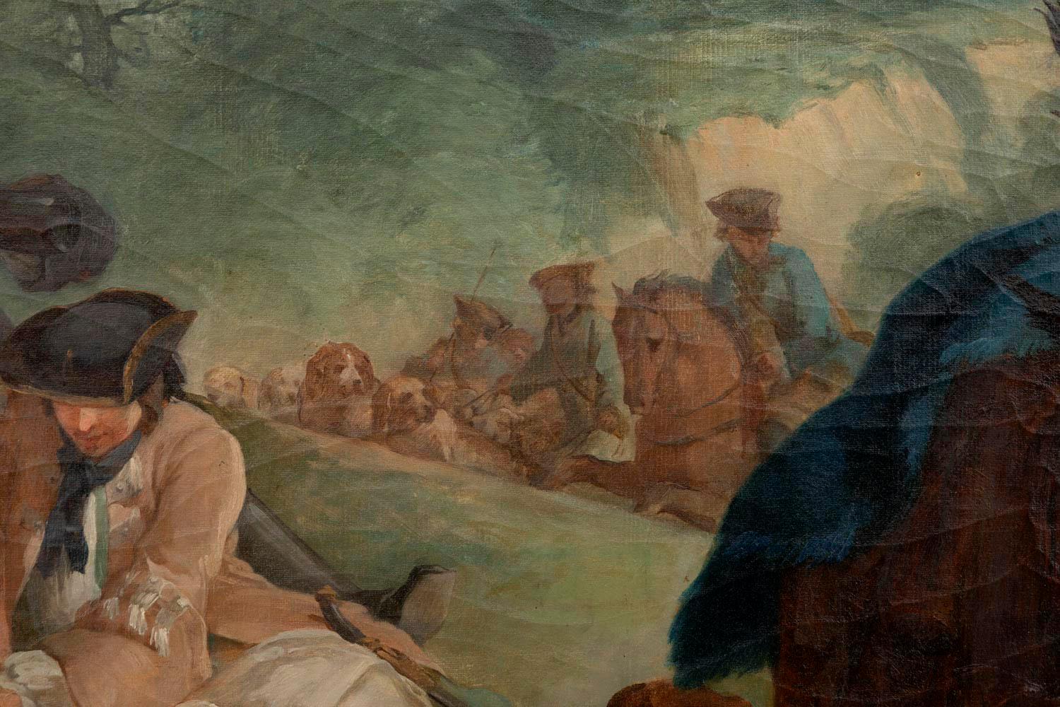 Carle Van Loo, La Halte De Chasse, huile sur toile, école française du XIXe siècle Bon état - En vente à Saint-Ouen, FR