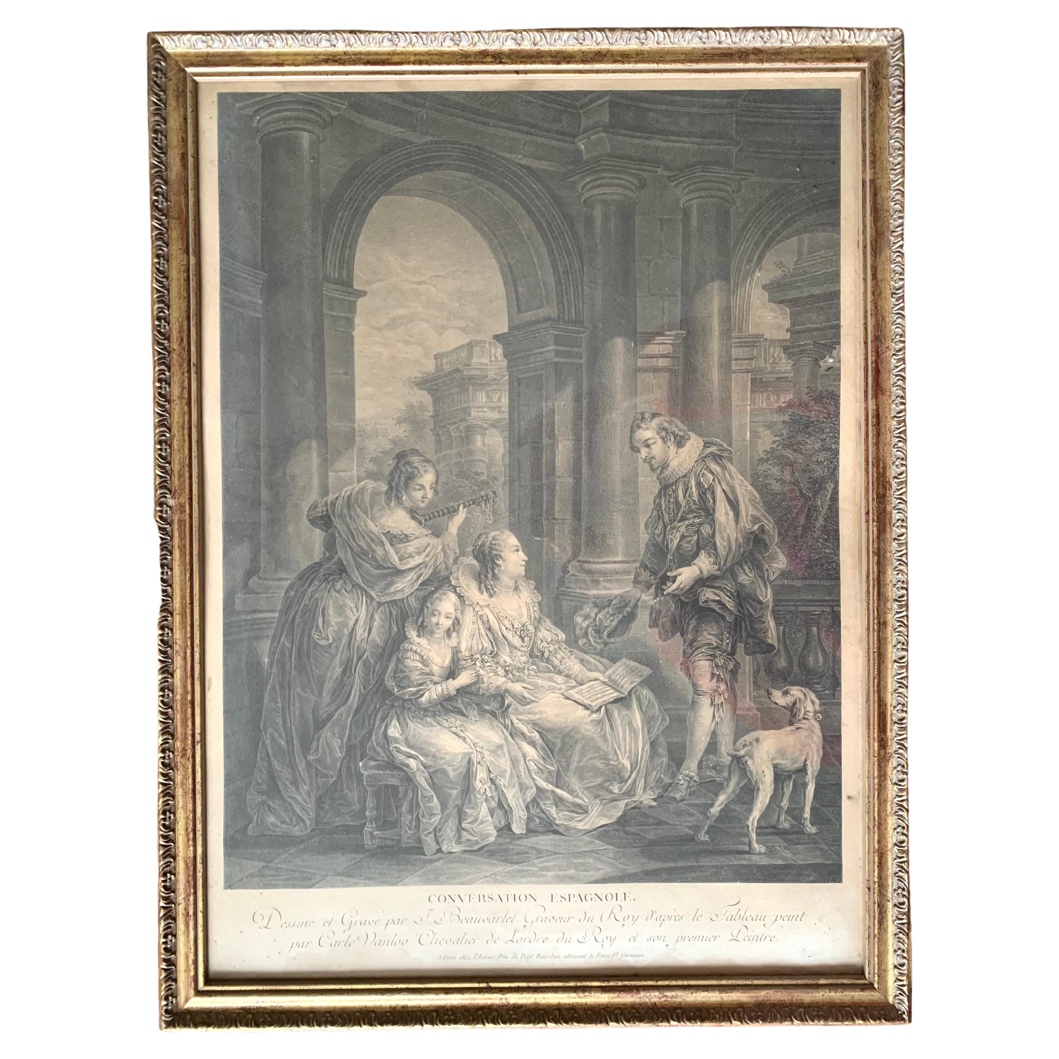 Carle Van Loo " Spanish Conversation and Reading " Engraving 18th Century