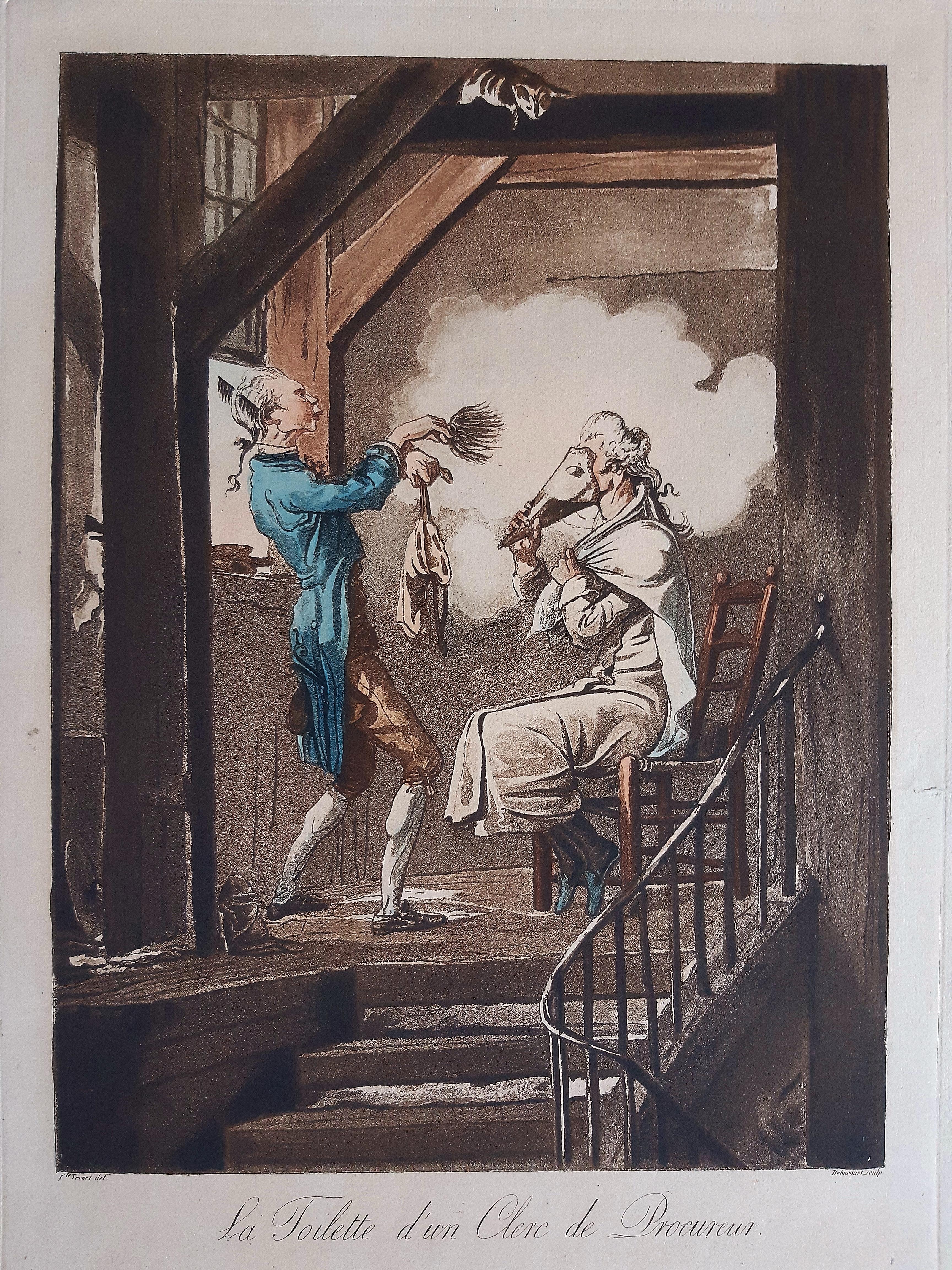 Carle Vernet (Antoine Charles Horace Vernet) Figurative Print - La toilette d’un Clerc de Procureur - Etching and Aquatint by C. Vernet - 1816