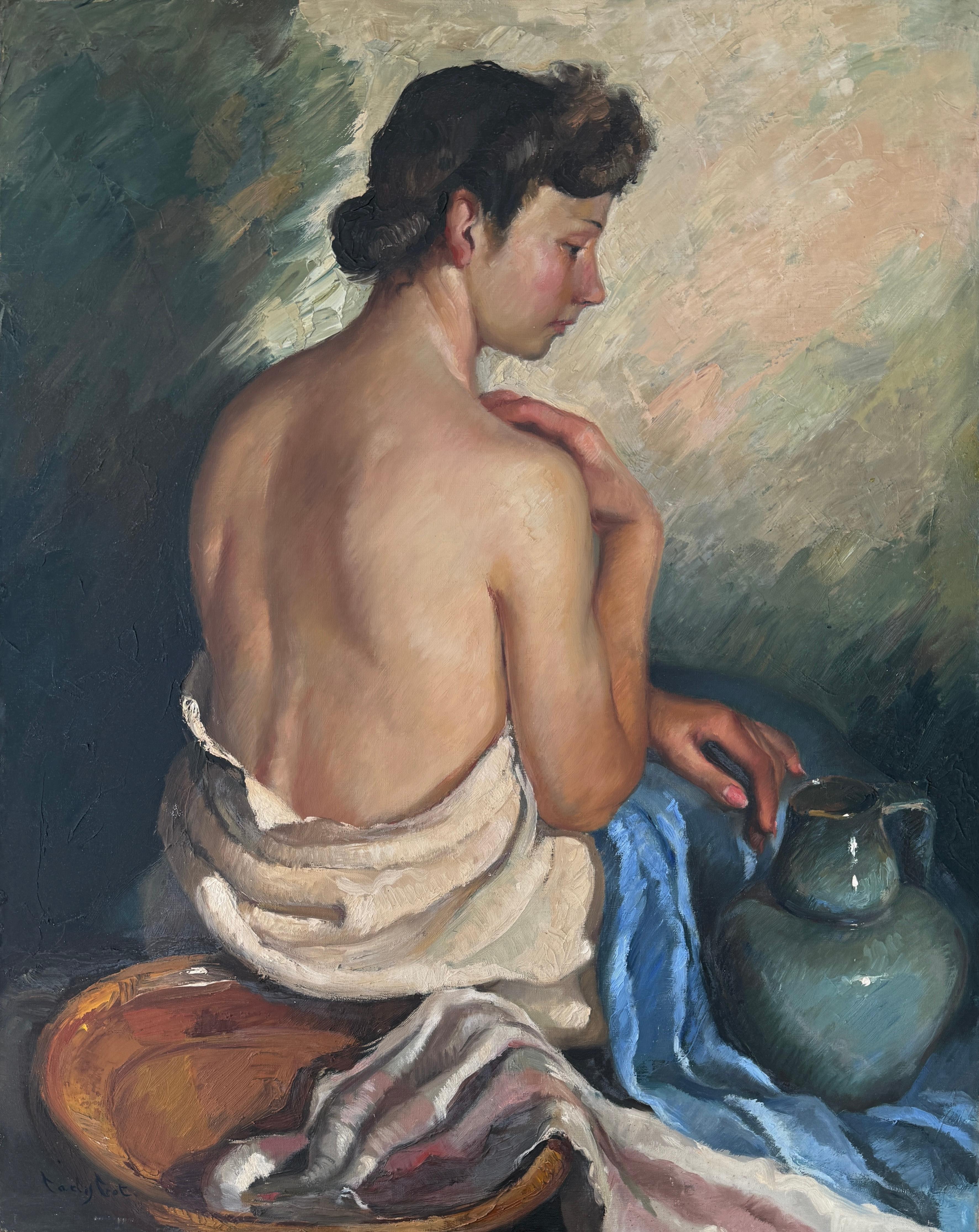 Large Intimist Female Nude Catalan Postwar School oil on canvas painting