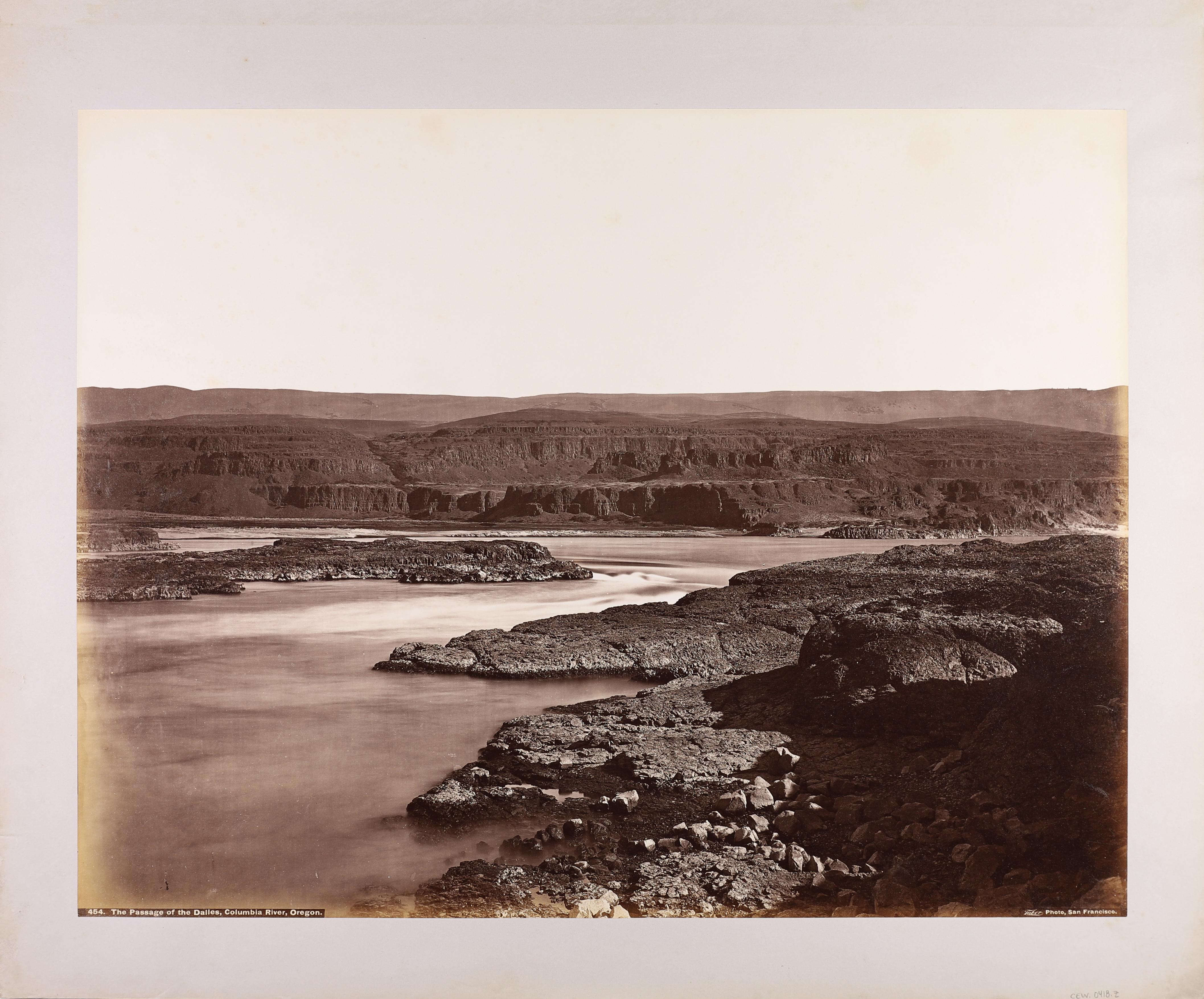 This exquisite, mammoth albumen print of the now-dammed Dalles on the Columbia River is one of Watkins' finest images. This particular print was likely made in the 1880s by Isaiah Taber, who acquired Watkins' negatives from the creditor to whom