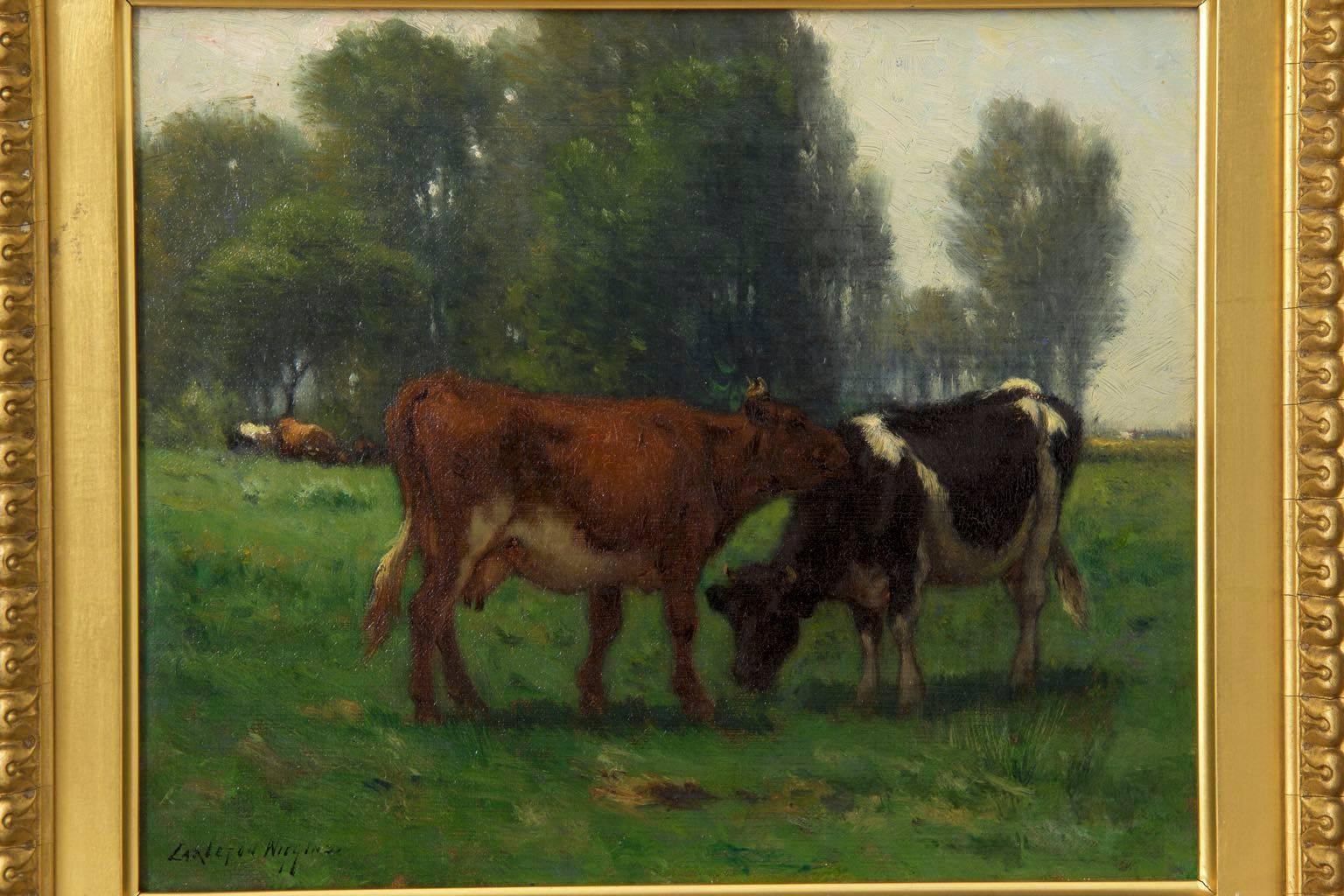 Characterized by heavy atmosphere and a certain bleary tonalism in the scene, this fine work by John Carleton Wiggins captures a pair of cows in the foreground of a vibrant green pasture. The high-chroma palette is a bit of a departure for Wiggins,