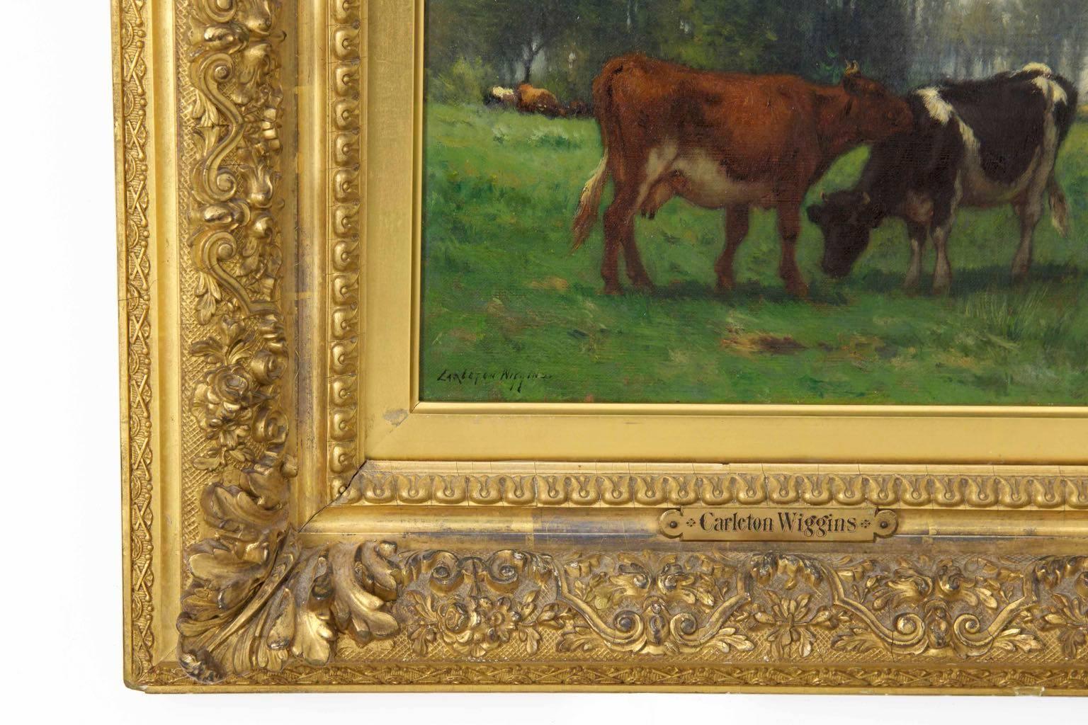 Hand-Carved Carleton Wiggins Landscape Painting of Cows