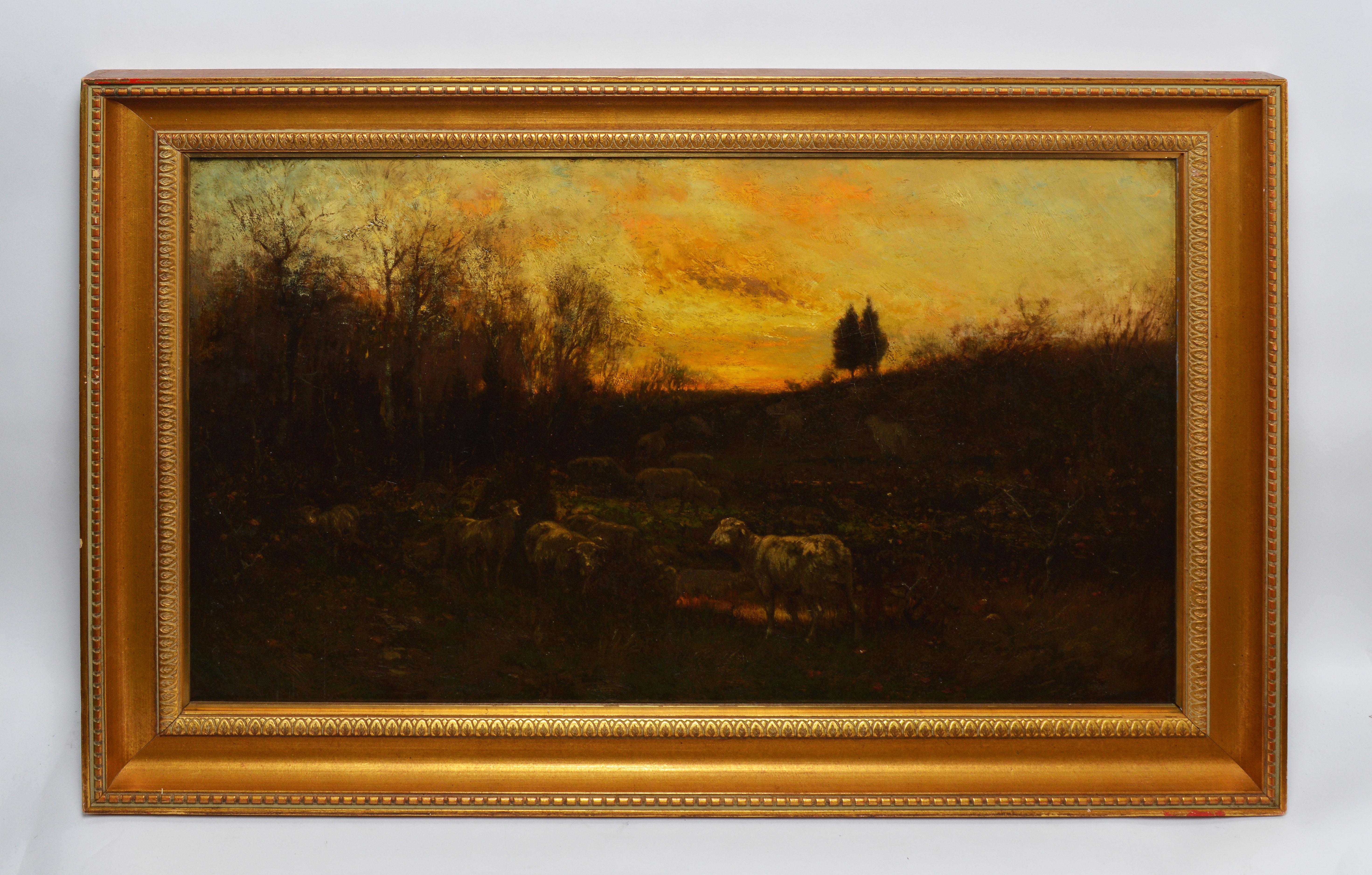 Antique American Tonalist Sunset Sheep Landscape Oil Painting,  Carleton Wiggins 1