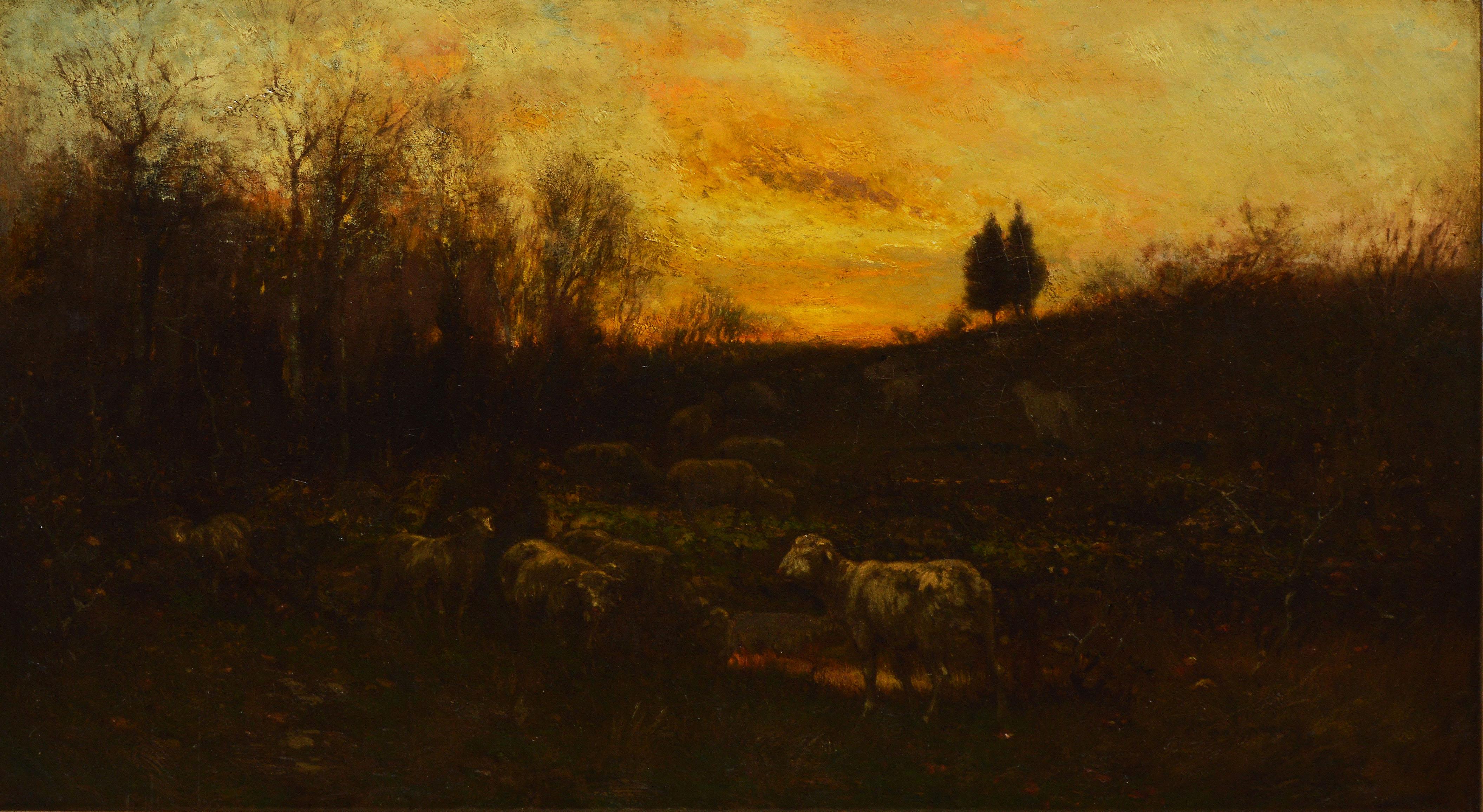 Antique American Tonalist Sunset Sheep Landscape Oil Painting,  Carleton Wiggins 2