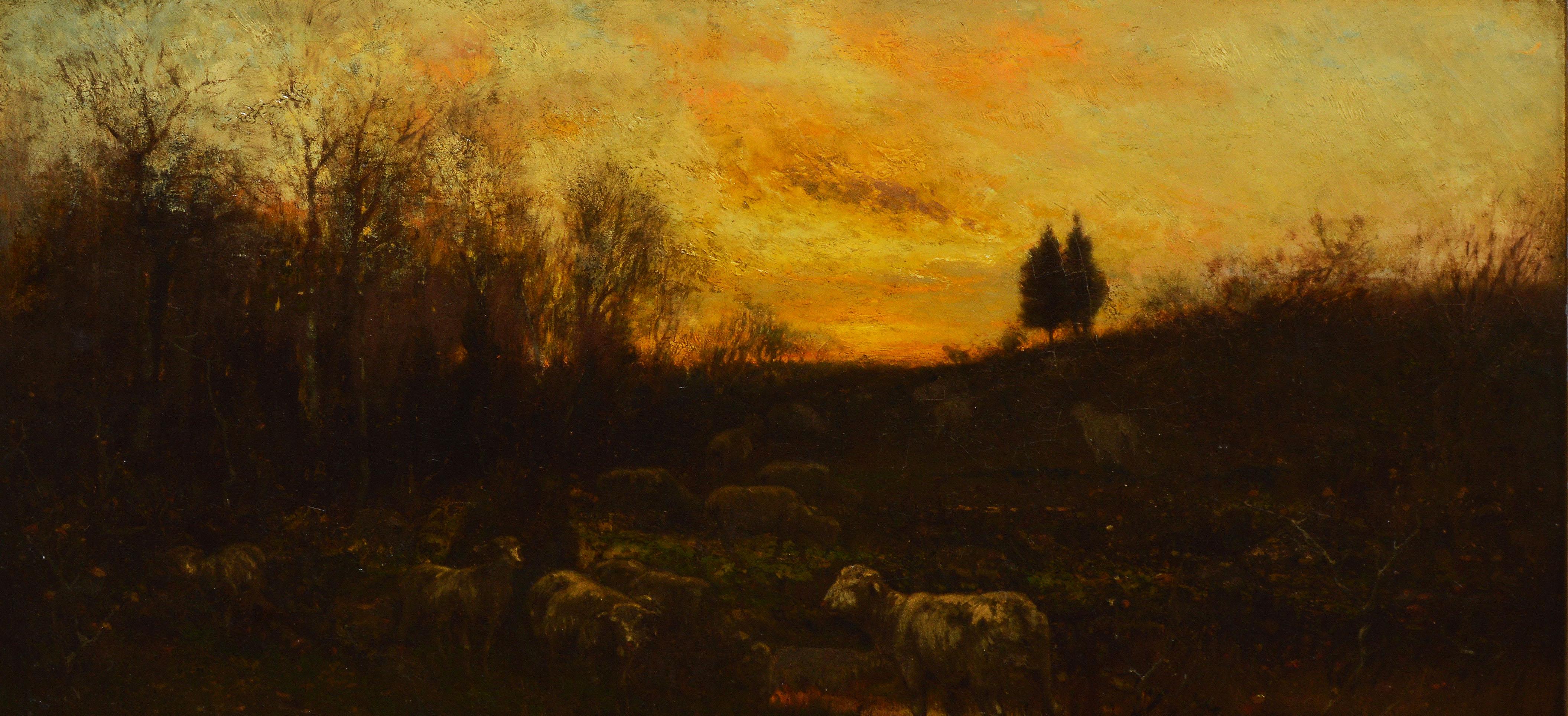 Antique American Tonalist Sunset Sheep Landscape Oil Painting,  Carleton Wiggins 4