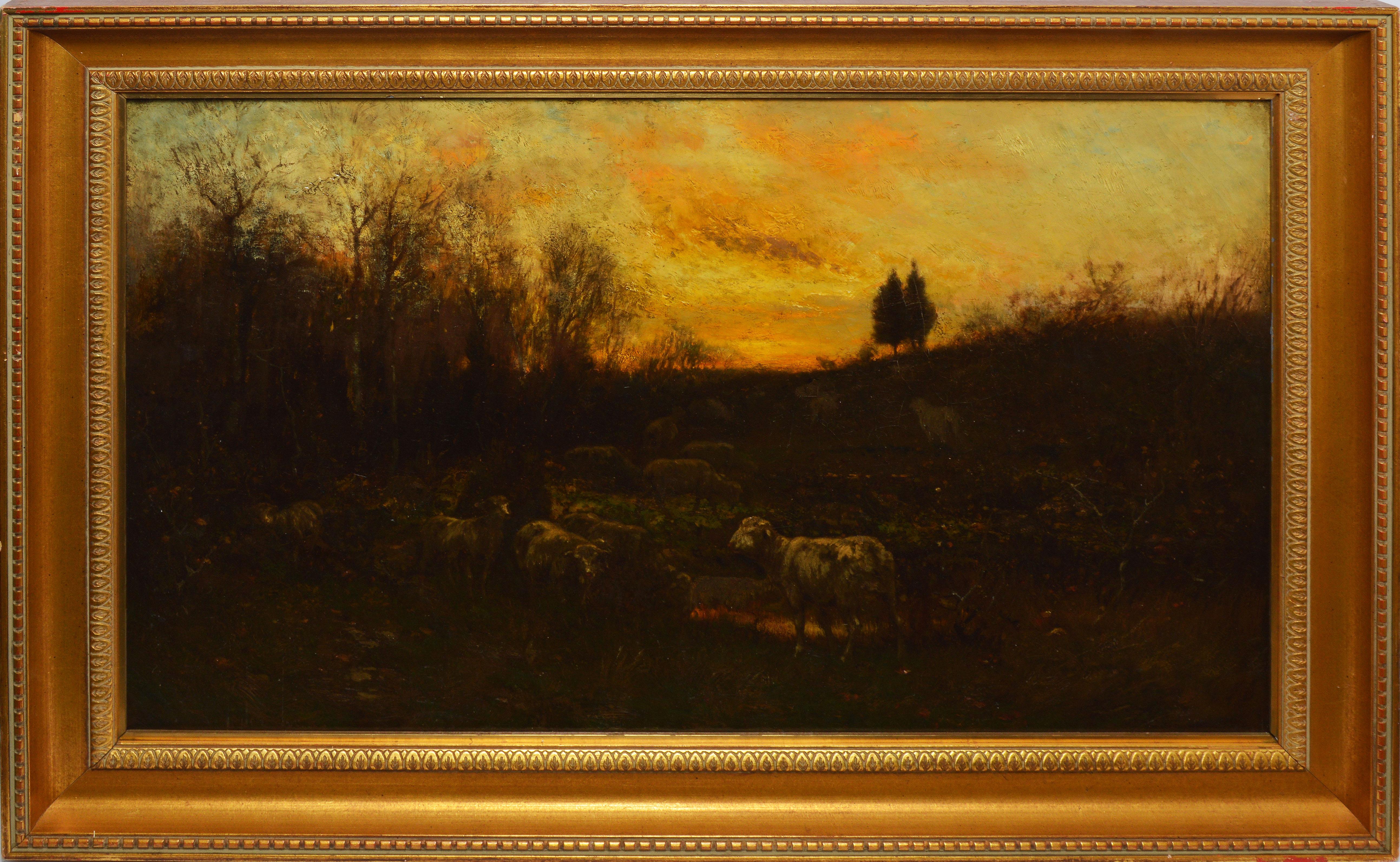 Antique American tonalist sunset landscape with sheep by Carleton J. Wiggins (1848 - 1932).  Oil on canvas, circa 1880.  Unsigned.  Displayed in a giltwood frame.  Image, 32"L x 20"H, overall 38"L x 26"H.