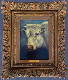 Oil Portrait on Wood of a Cow by Carleton Wiggins (American, 1848-1932)